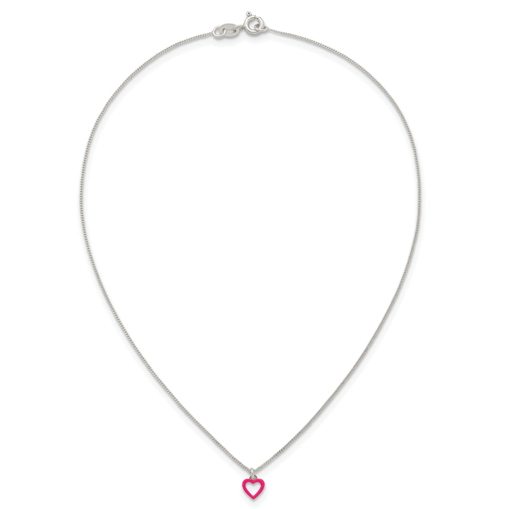 Sterling Silver Polished Pink Enamel Open Heart Childrens 14 inch Necklace and Post Earrings Set