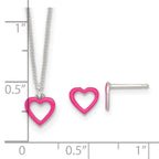 Sterling Silver Polished Pink Enamel Open Heart Childrens 14 inch Necklace and Post Earrings Set