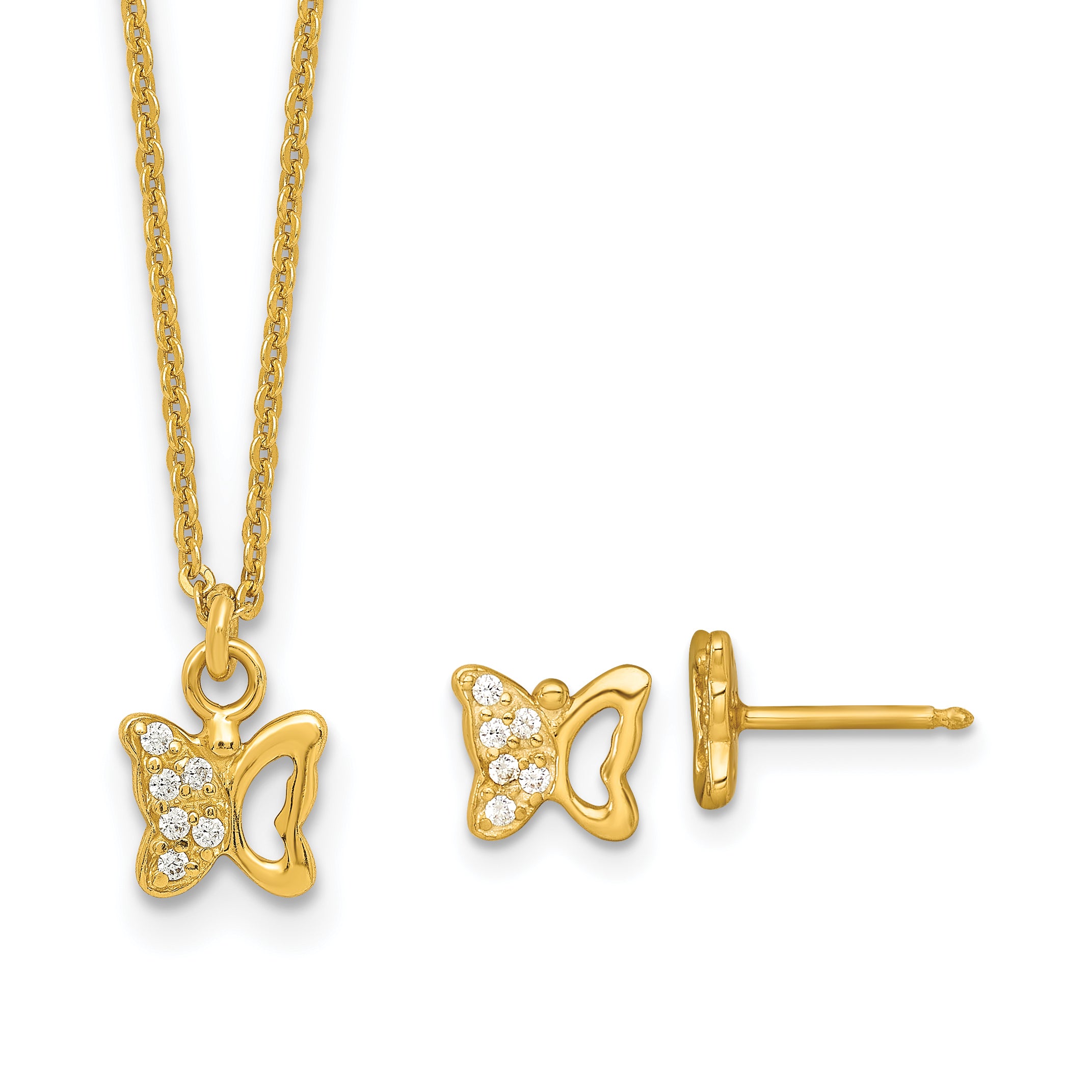 Sterling Silver Gold-tone White CZ Butterfly Childrens 14 inch Necklace and Post Earrings Set Main image