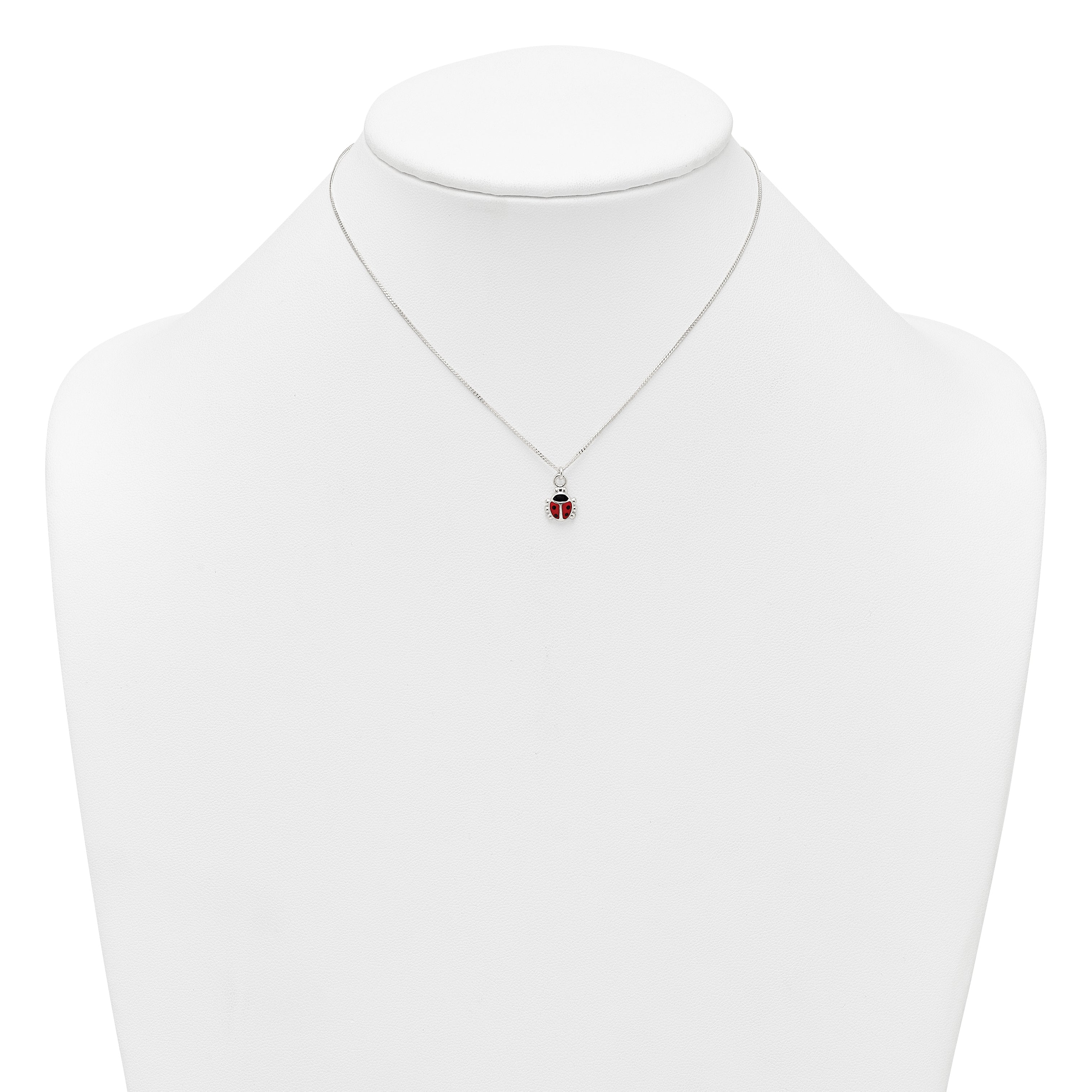 Sterling Silver Polished Red and Black Enameled Ladybug Childrens 14 inch Necklace and Post Earrings Set