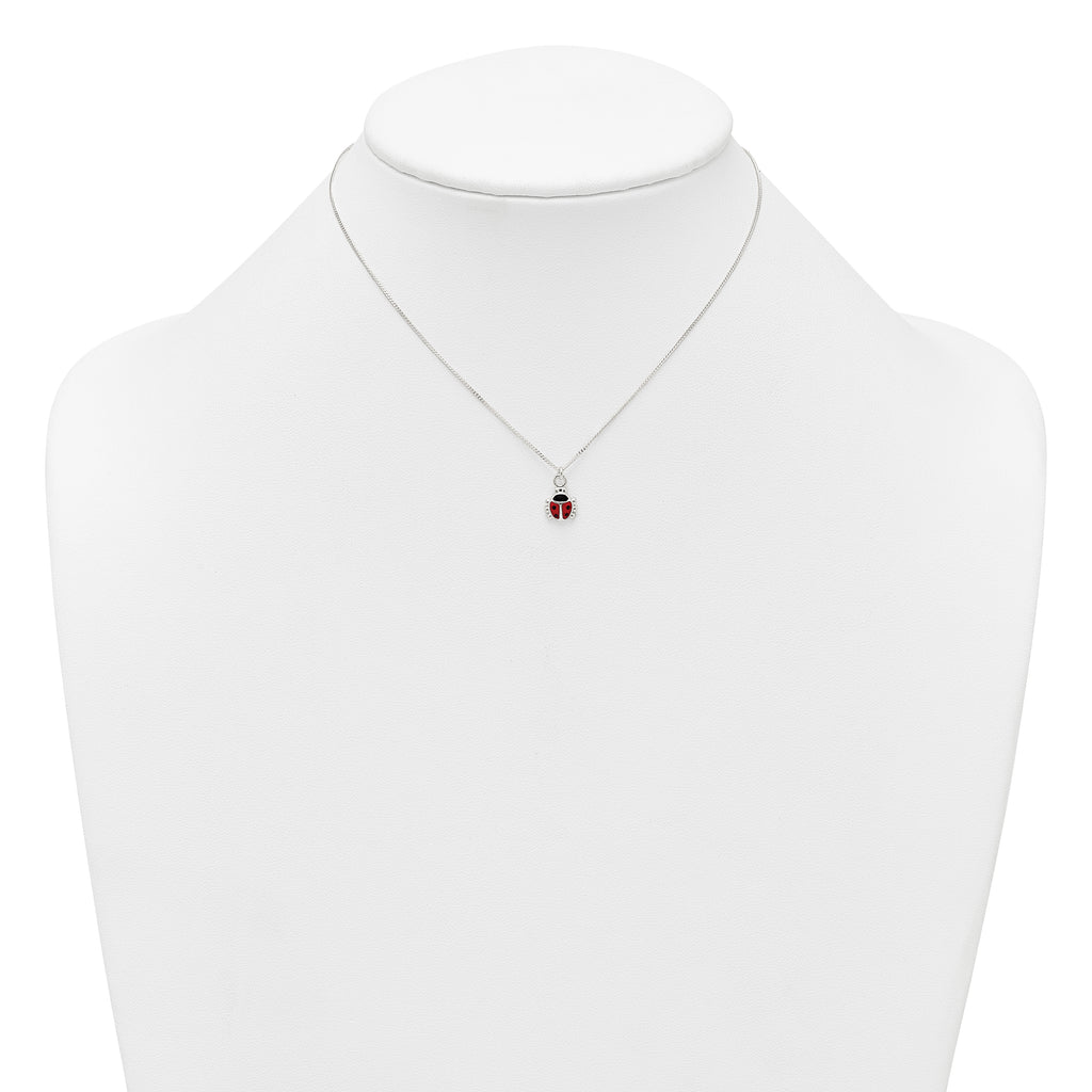 Sterling Silver Polished Red and Black Enameled Ladybug Childrens 14 inch Necklace and Post Earrings Set