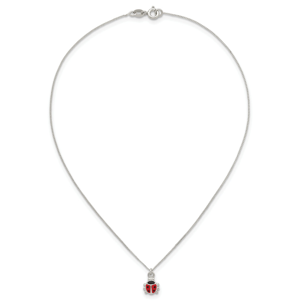 Sterling Silver Polished Red and Black Enameled Ladybug Childrens 14 inch Necklace and Post Earrings Set