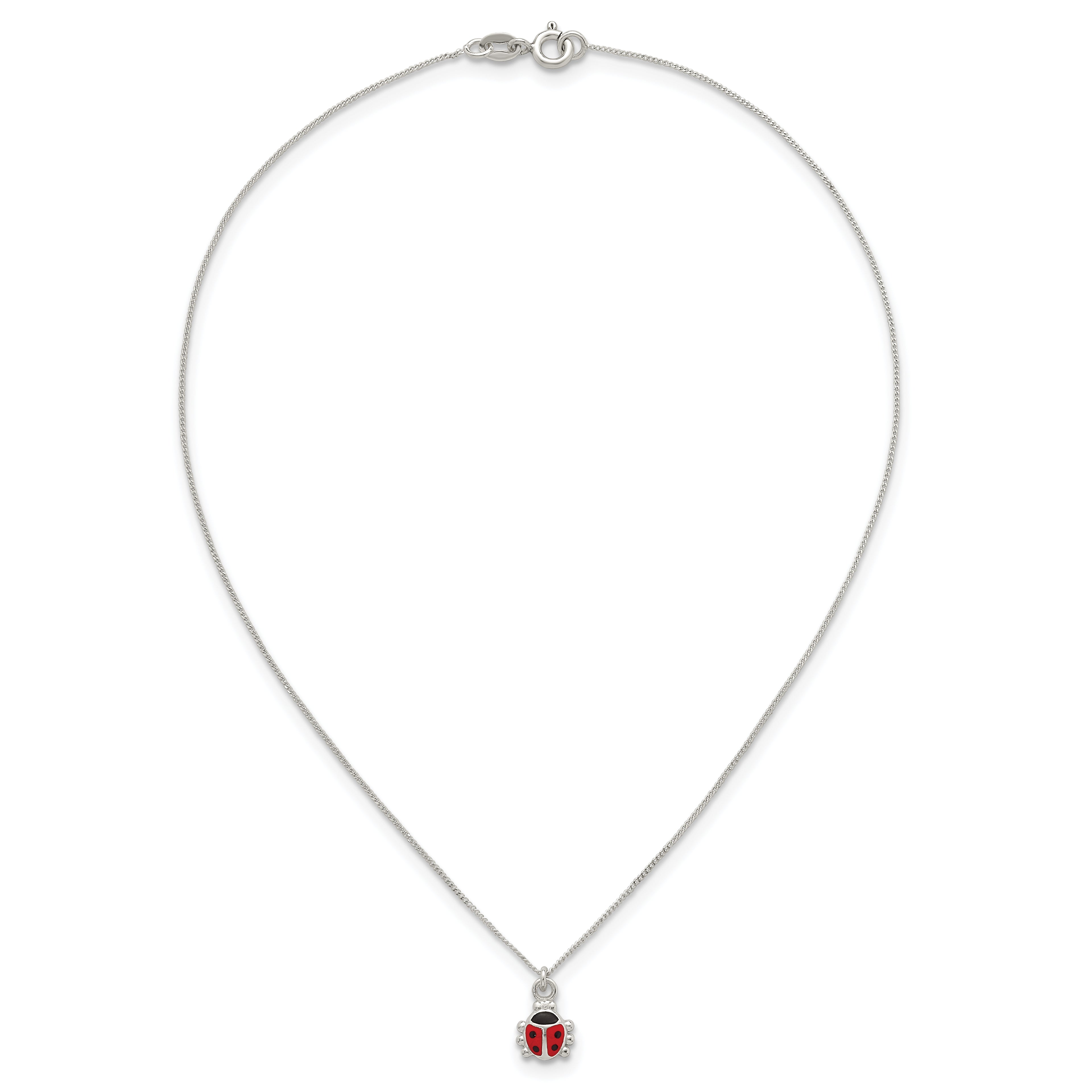 Sterling Silver Polished Red and Black Enameled Ladybug Childrens 14 inch Necklace and Post Earrings Set