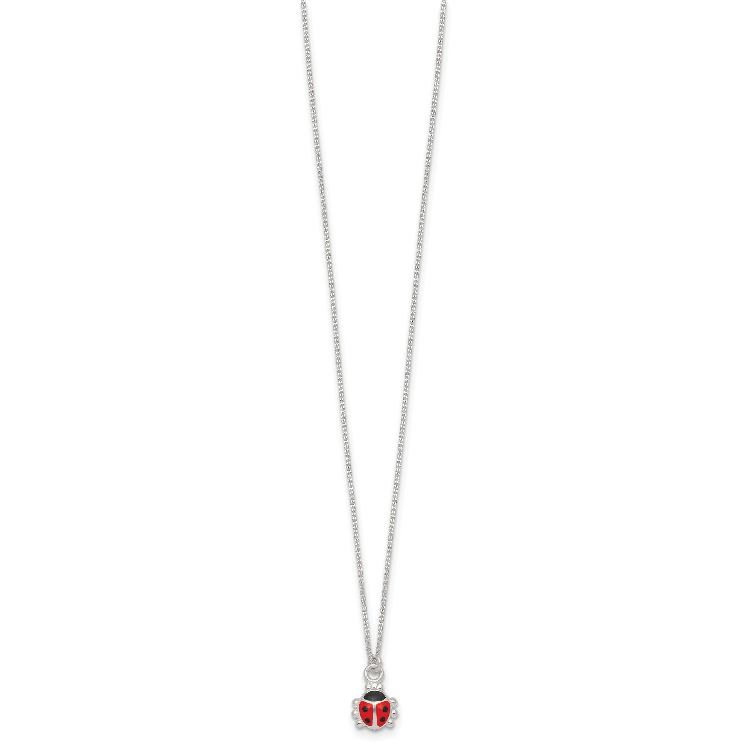 Sterling Silver Polished Red and Black Enameled Ladybug Childrens 14 inch Necklace and Post Earrings Set