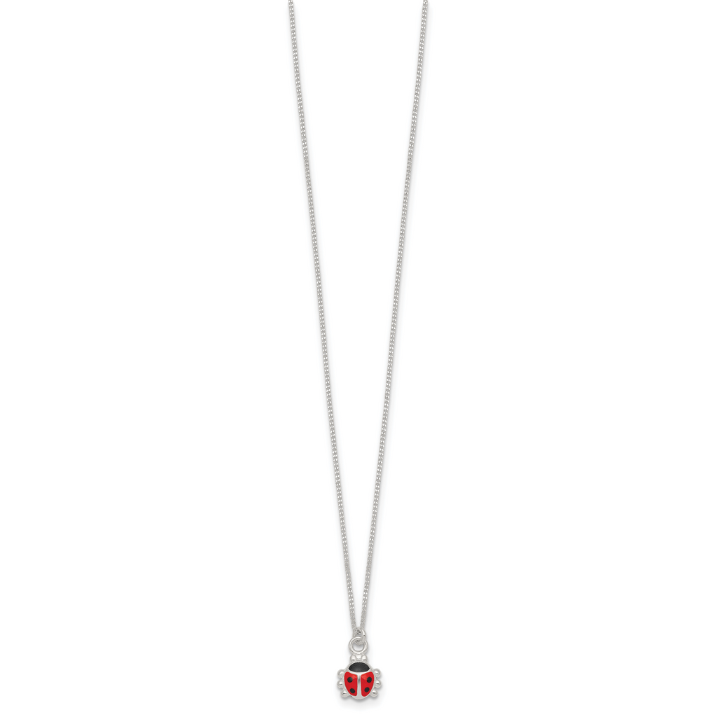 Sterling Silver Polished Red and Black Enameled Ladybug Childrens 14 inch Necklace and Post Earrings Set