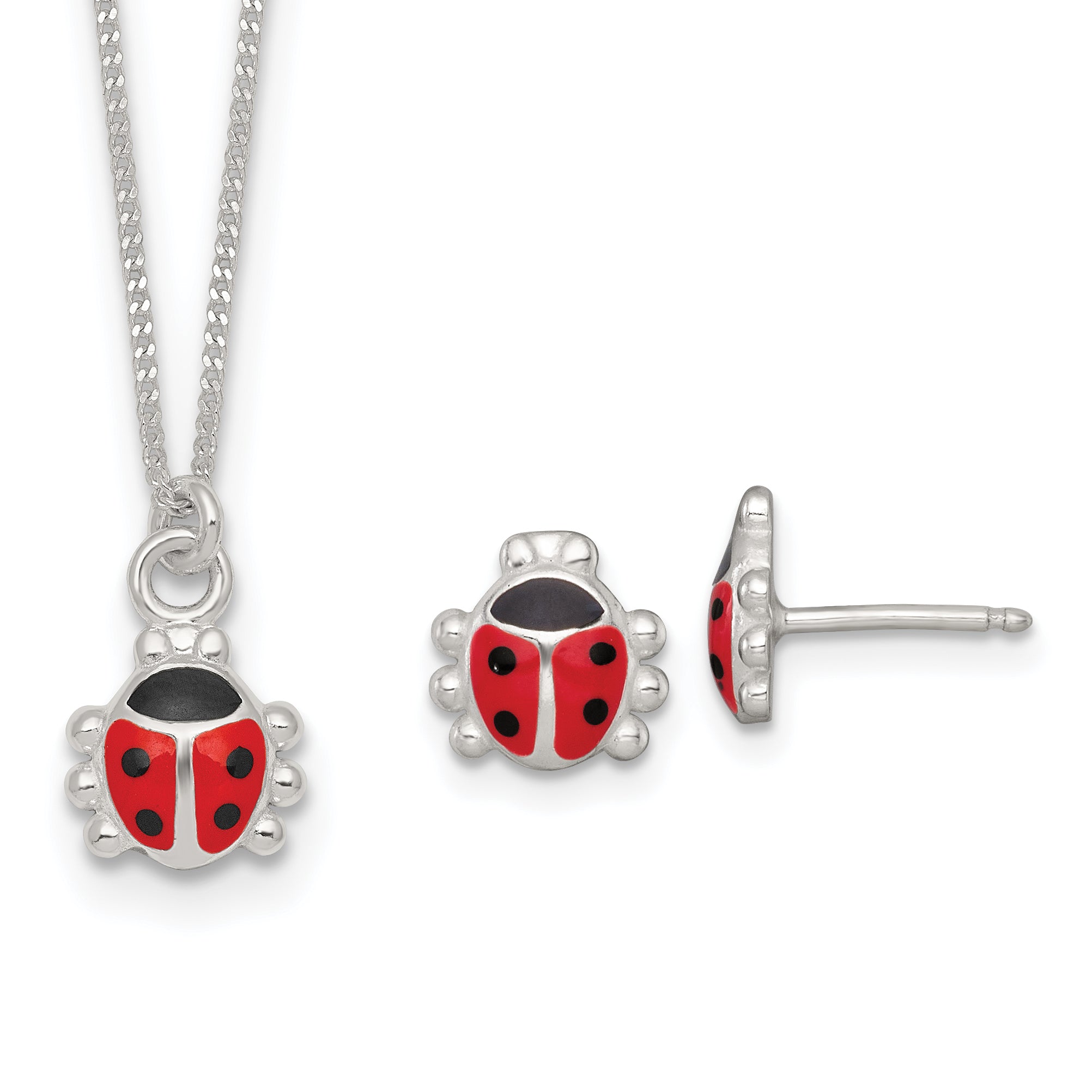 Sterling Silver Polished Red and Black Enameled Ladybug Childrens 14 inch Necklace and Post Earrings Set Main image