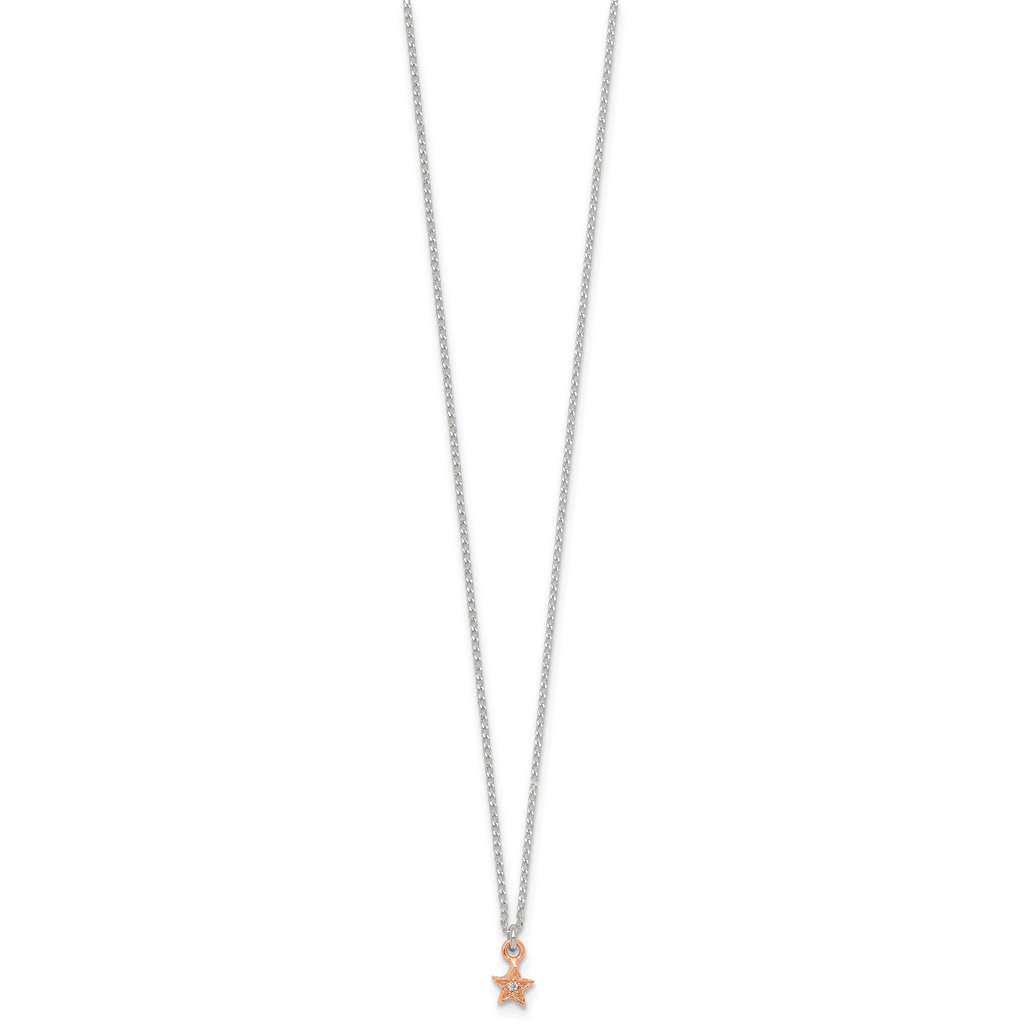 Sterling Silver Rose-tone White CZ Star Childrens 14 inch Necklace and Post Earrings Set