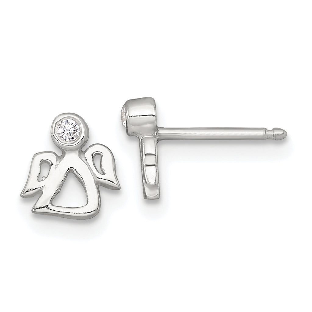 Sterling Silver Polished White CZ Angel Childrens 14 inch Necklace and Post Earrings Set