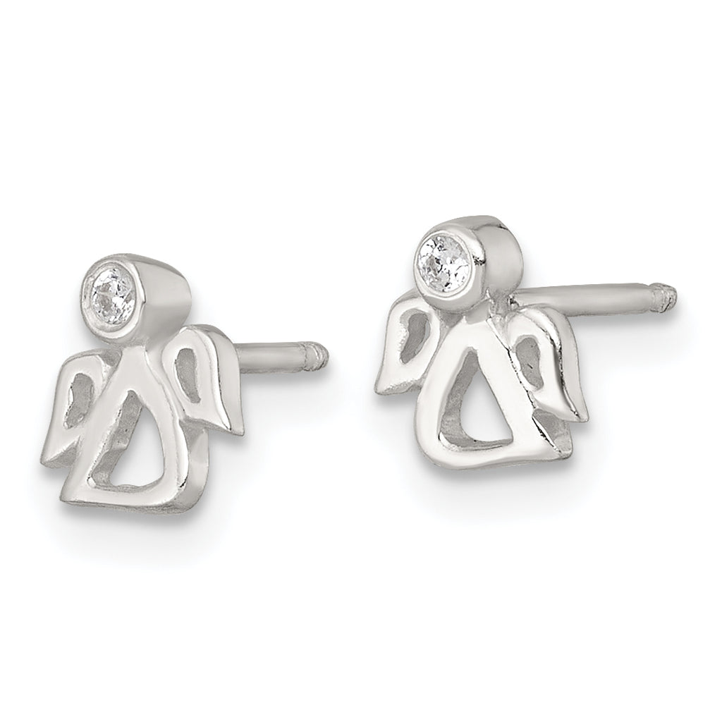 Sterling Silver Polished White CZ Angel Childrens 14 inch Necklace and Post Earrings Set