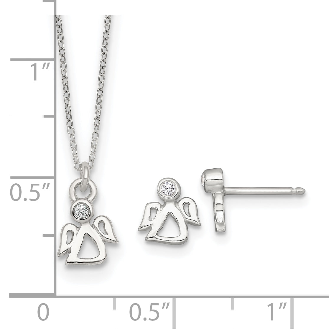 Sterling Silver Polished White CZ Angel Childrens 14 inch Necklace and Post Earrings Set