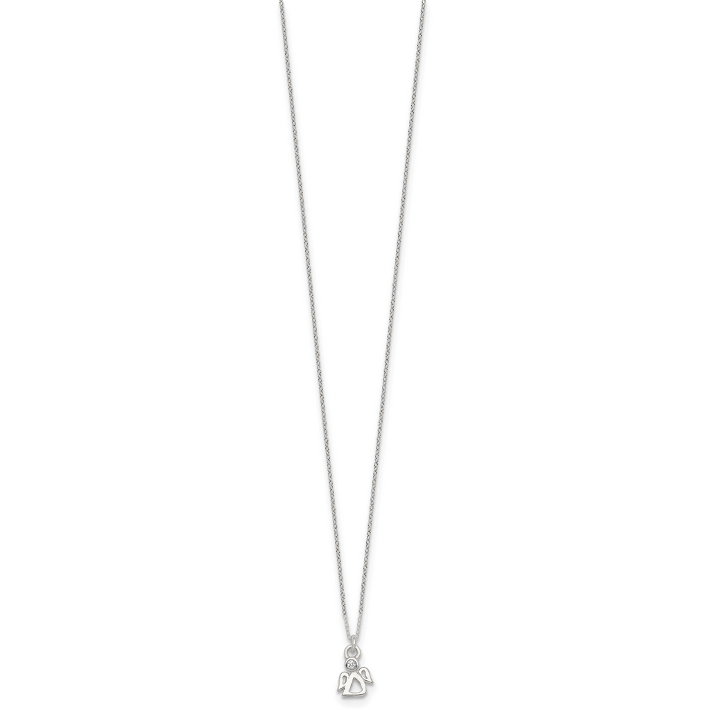 Sterling Silver Polished White CZ Angel Childrens 14 inch Necklace and Post Earrings Set