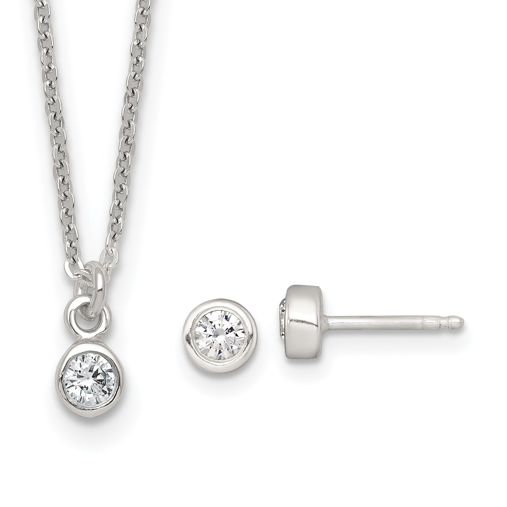 Sterling Silver Polished 4mm White CZ Childrens 14 inch Necklace and Post Earrings Set Main image