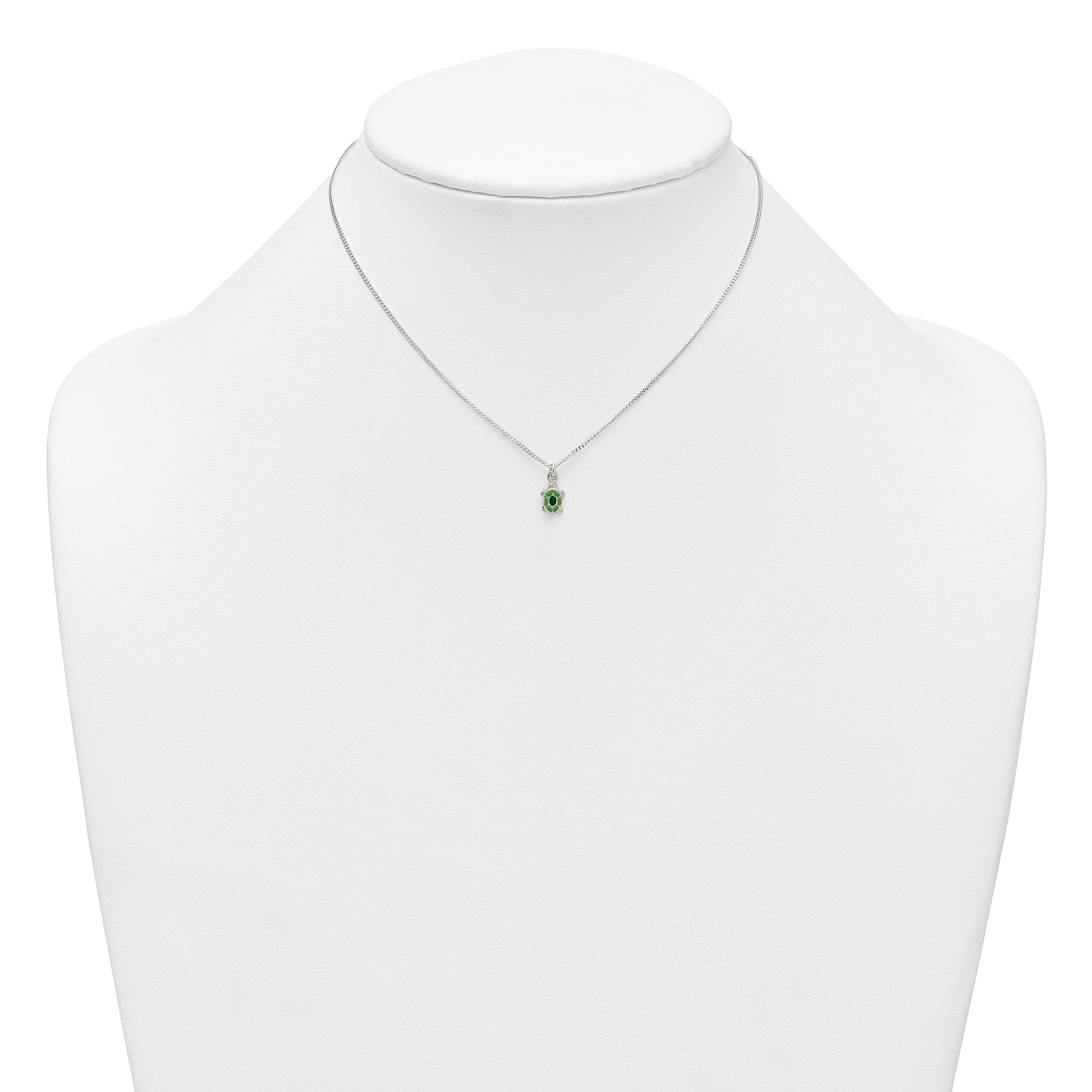 Sterling Silver Polished Green Enameled Turtle Childrens 14 inch Necklace and Post Earrings Set