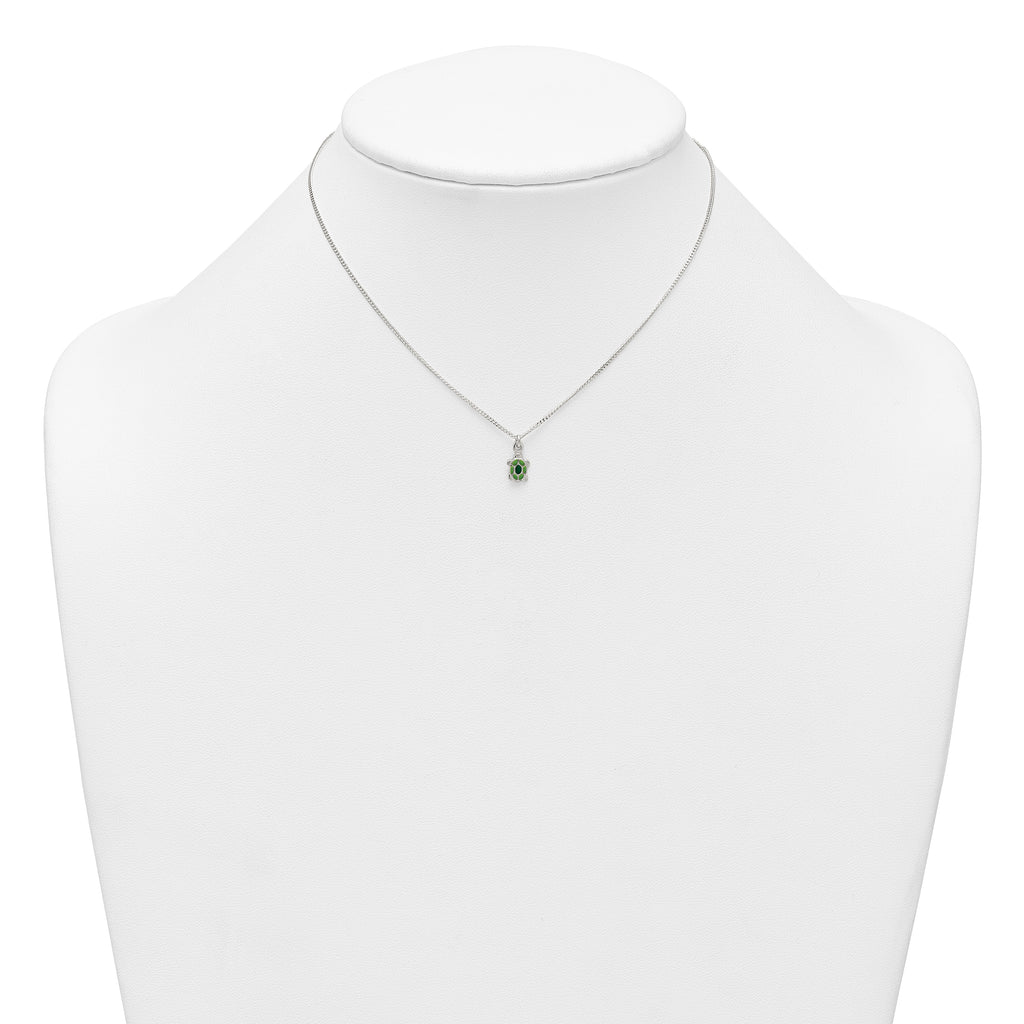 Sterling Silver Polished Green Enameled Turtle Childrens 14 inch Necklace and Post Earrings Set