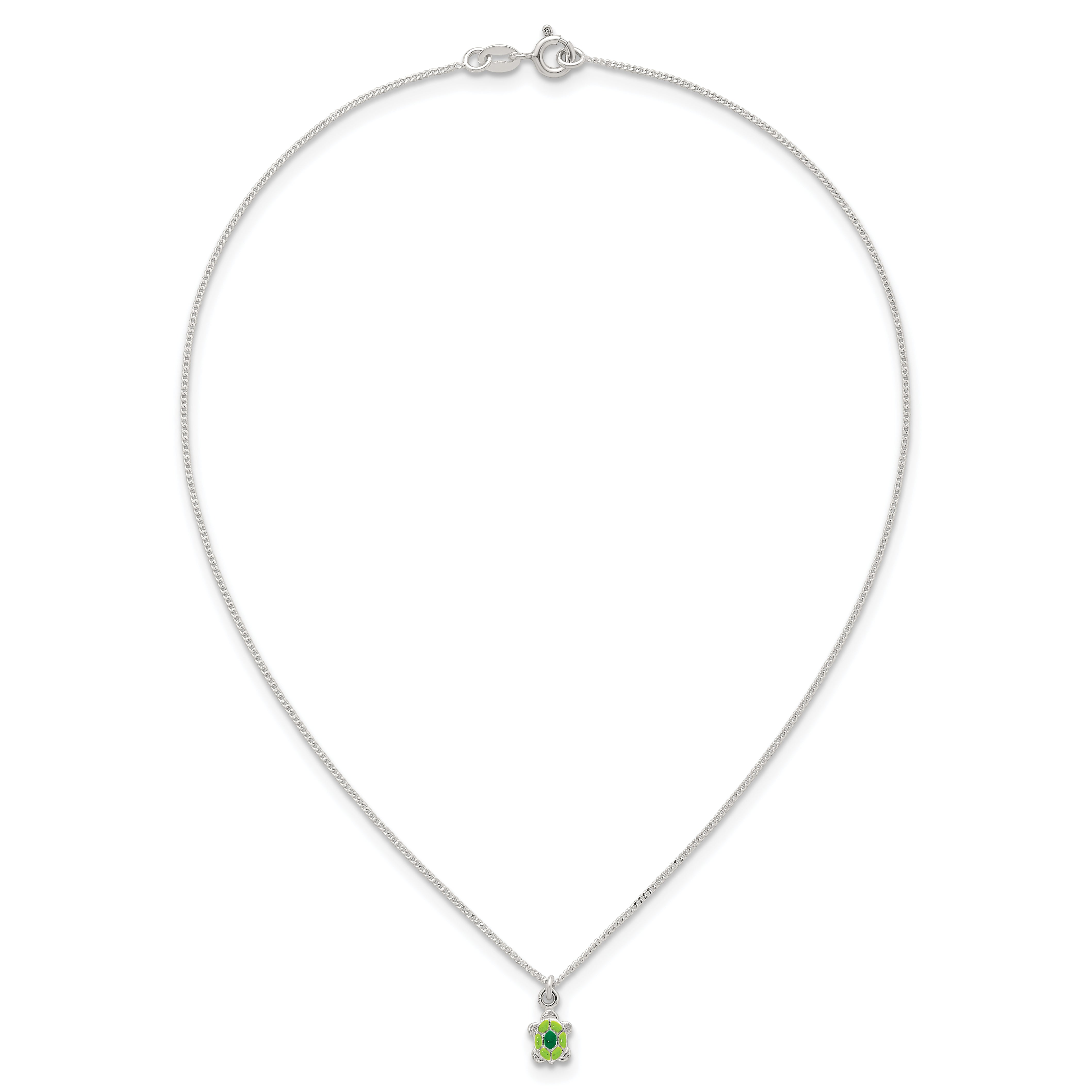 Sterling Silver Polished Green Enameled Turtle Childrens 14 inch Necklace and Post Earrings Set