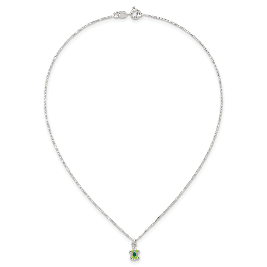 Sterling Silver Polished Green Enameled Turtle Childrens 14 inch Necklace and Post Earrings Set