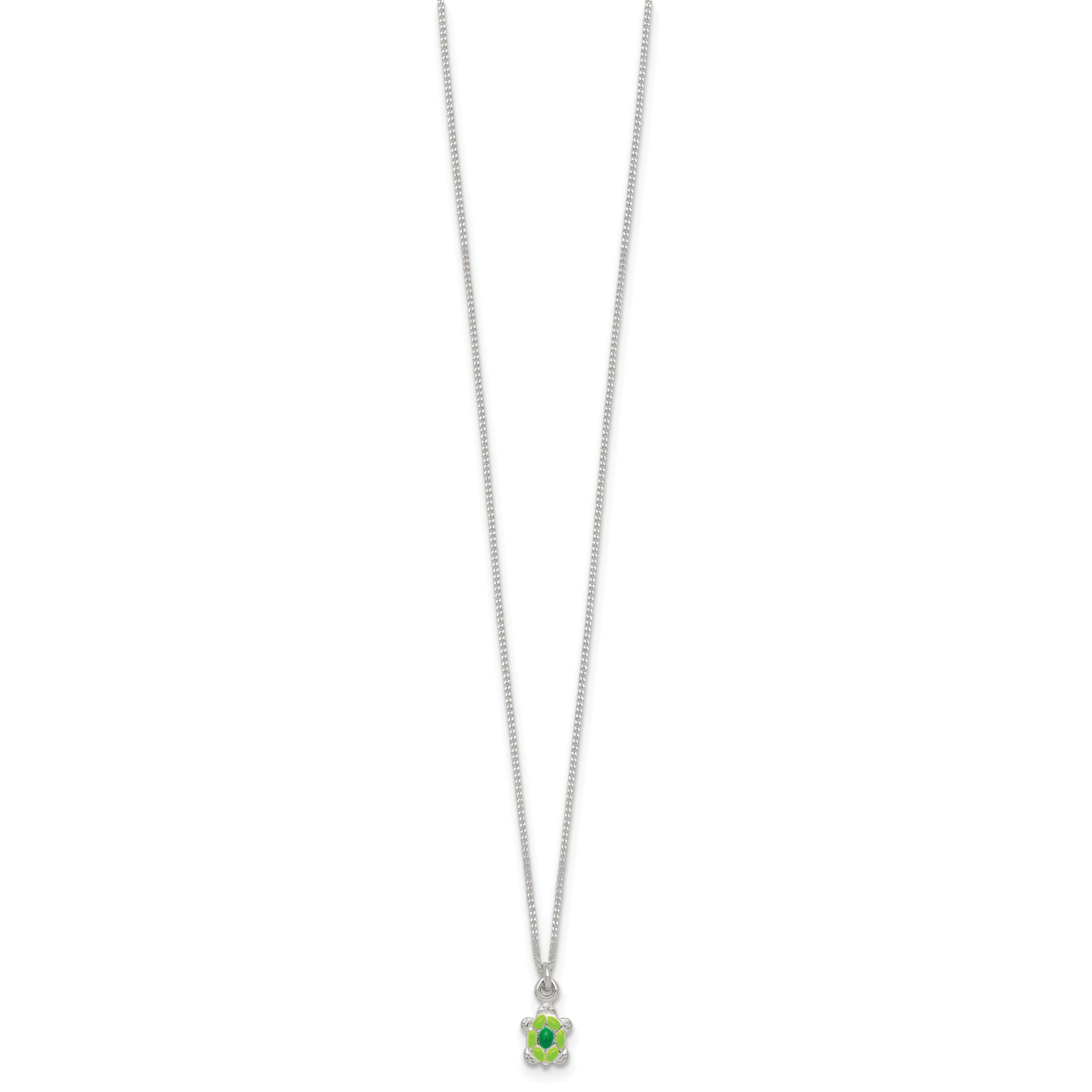 Sterling Silver Polished Green Enameled Turtle Childrens 14 inch Necklace and Post Earrings Set