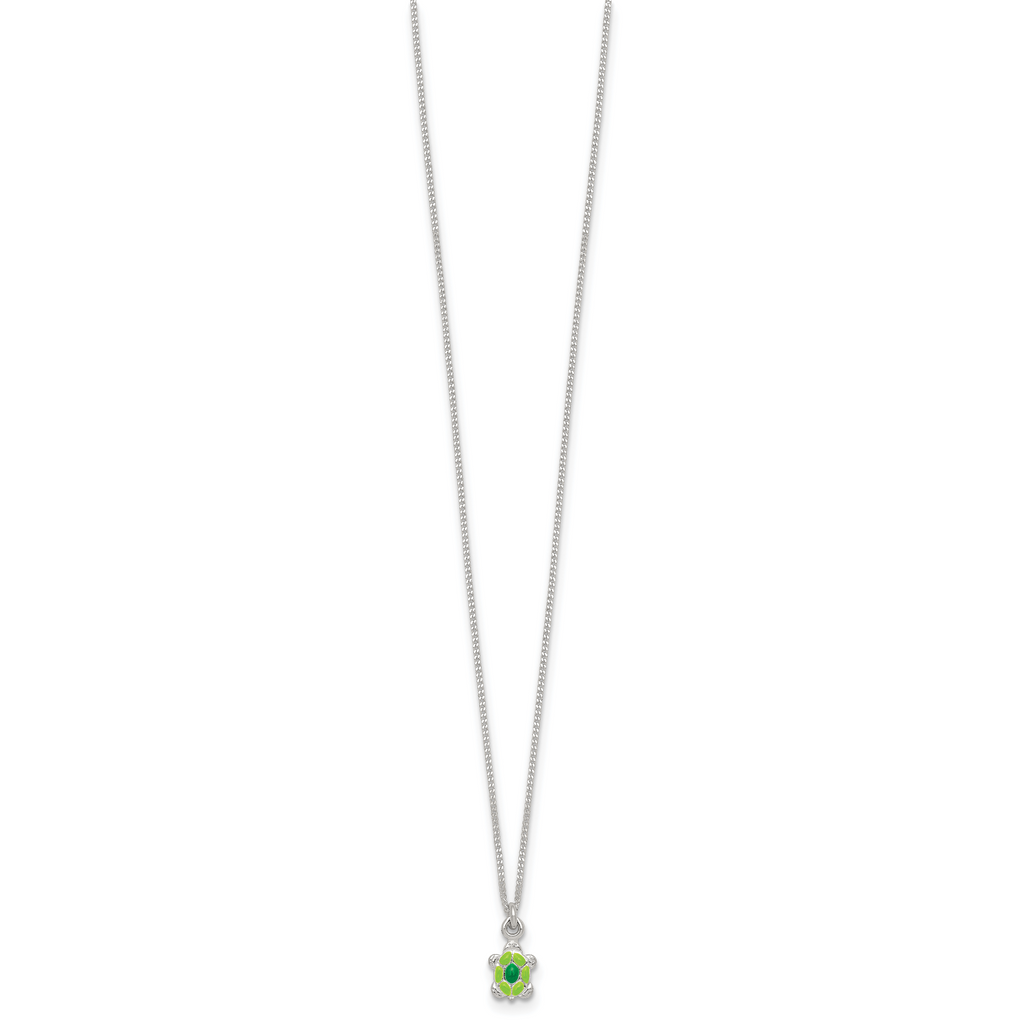 Sterling Silver Polished Green Enameled Turtle Childrens 14 inch Necklace and Post Earrings Set