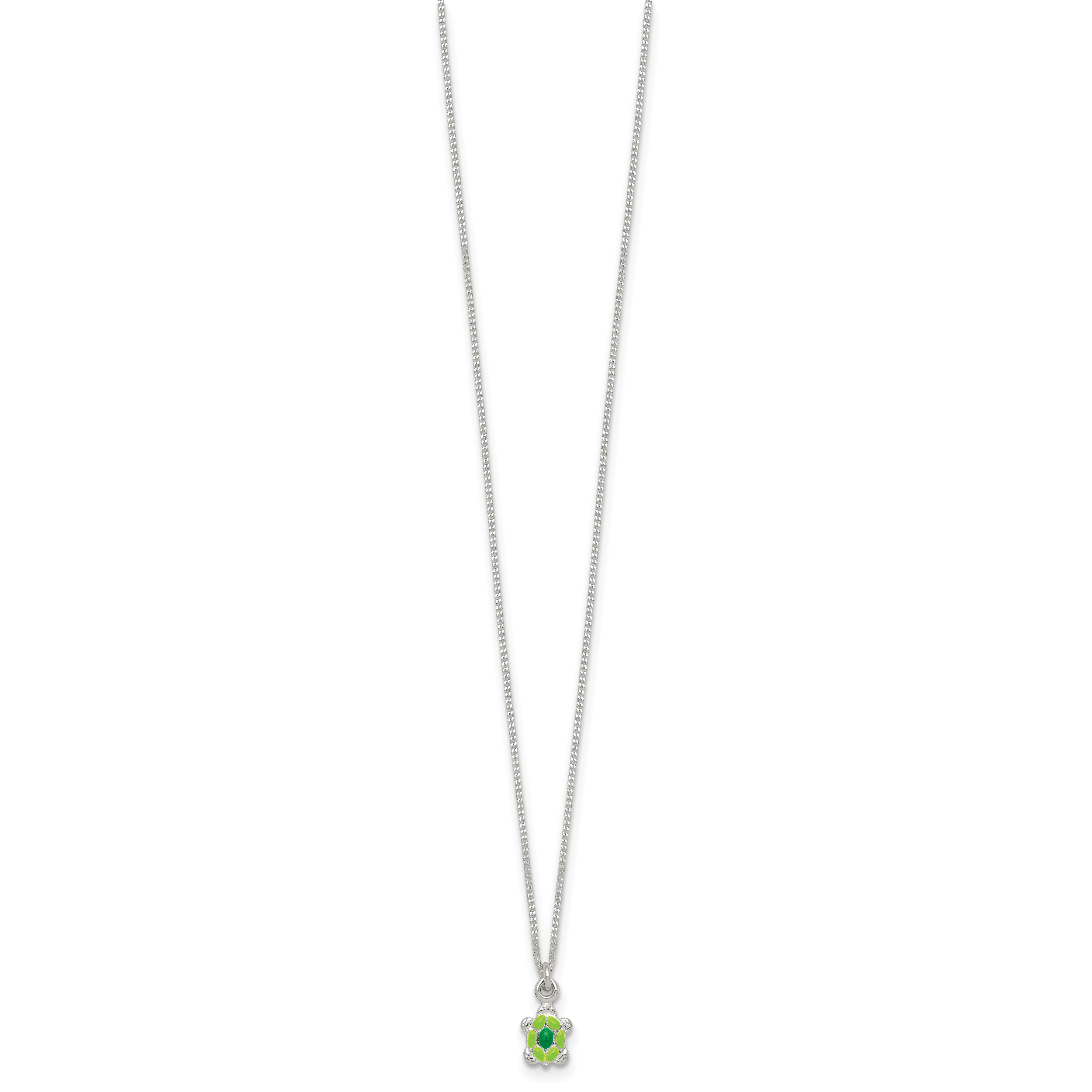 Sterling Silver Polished Green Enameled Turtle Childrens 14 inch Necklace and Post Earrings Set