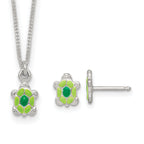 Sterling Silver Polished Green Enameled Turtle Childrens 14 inch Necklace and Post Earrings Set