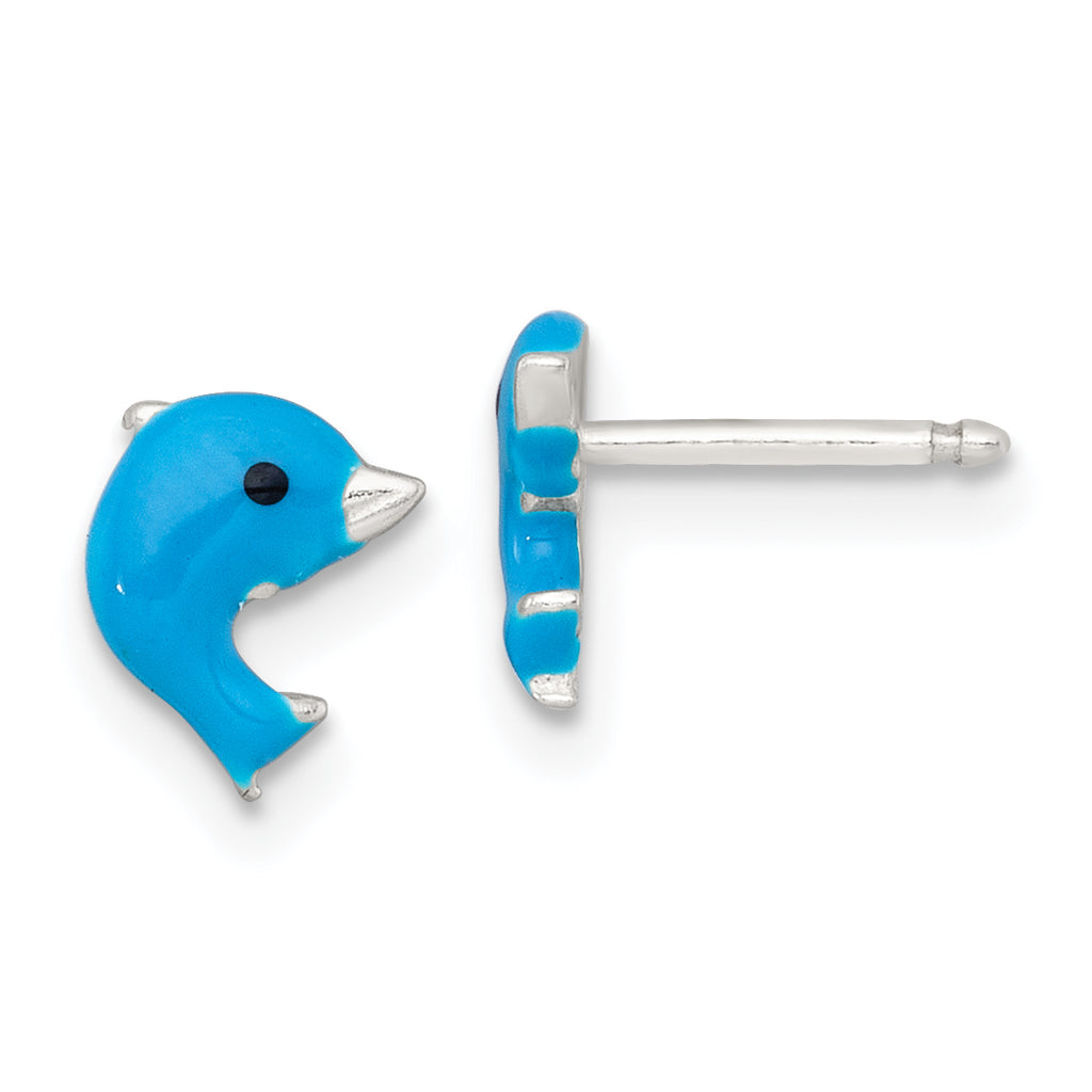 Sterling Silver Polished Blue and Black Enameled Dolphin Childrens 14 inch Necklace and Post Earrings Set
