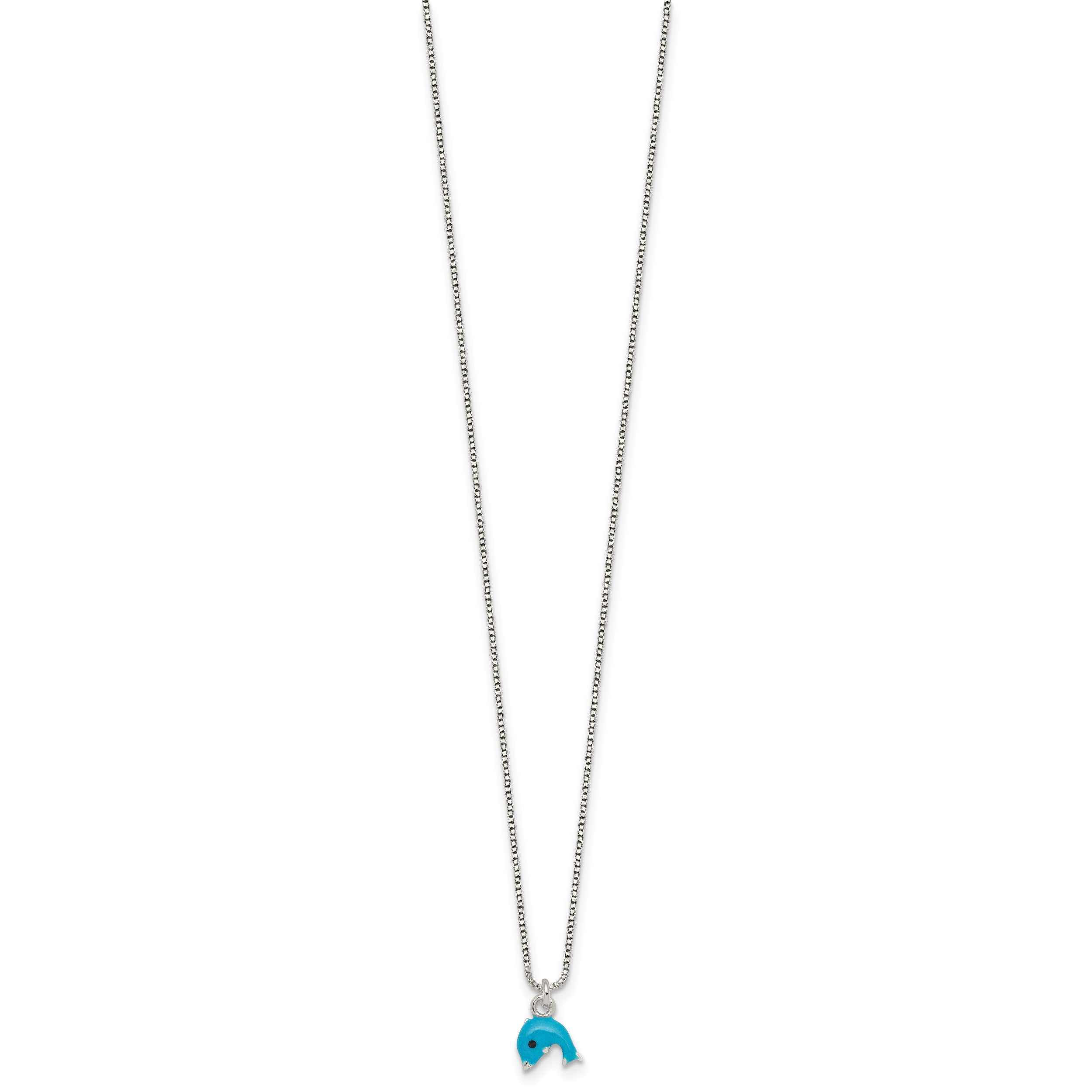 Sterling Silver Polished Blue and Black Enameled Dolphin Childrens 14 inch Necklace and Post Earrings Set