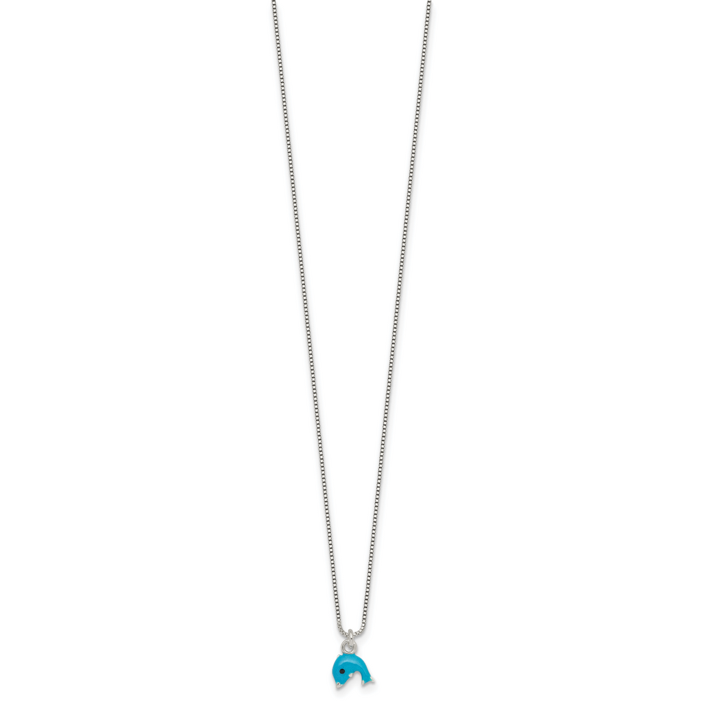 Sterling Silver Polished Blue and Black Enameled Dolphin Childrens 14 inch Necklace and Post Earrings Set