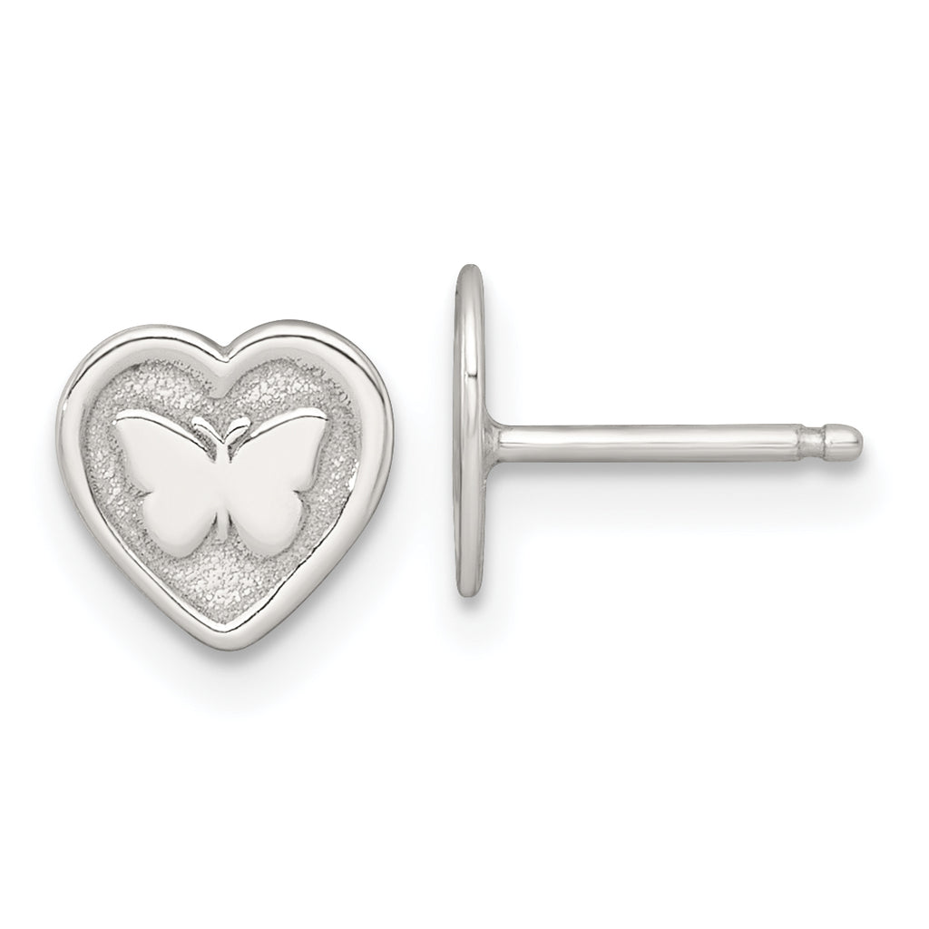 Sterling Silver Polished and Textured Butterfly in Heart Childrens 14 inch Necklace and Post Earrings Set