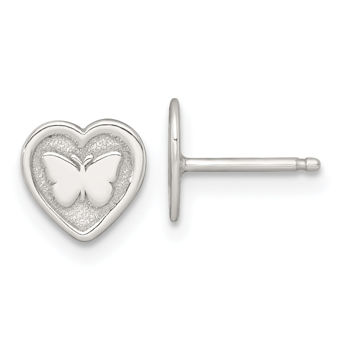 Sterling Silver Polished and Textured Butterfly in Heart Childrens 14 inch Necklace and Post Earrings Set