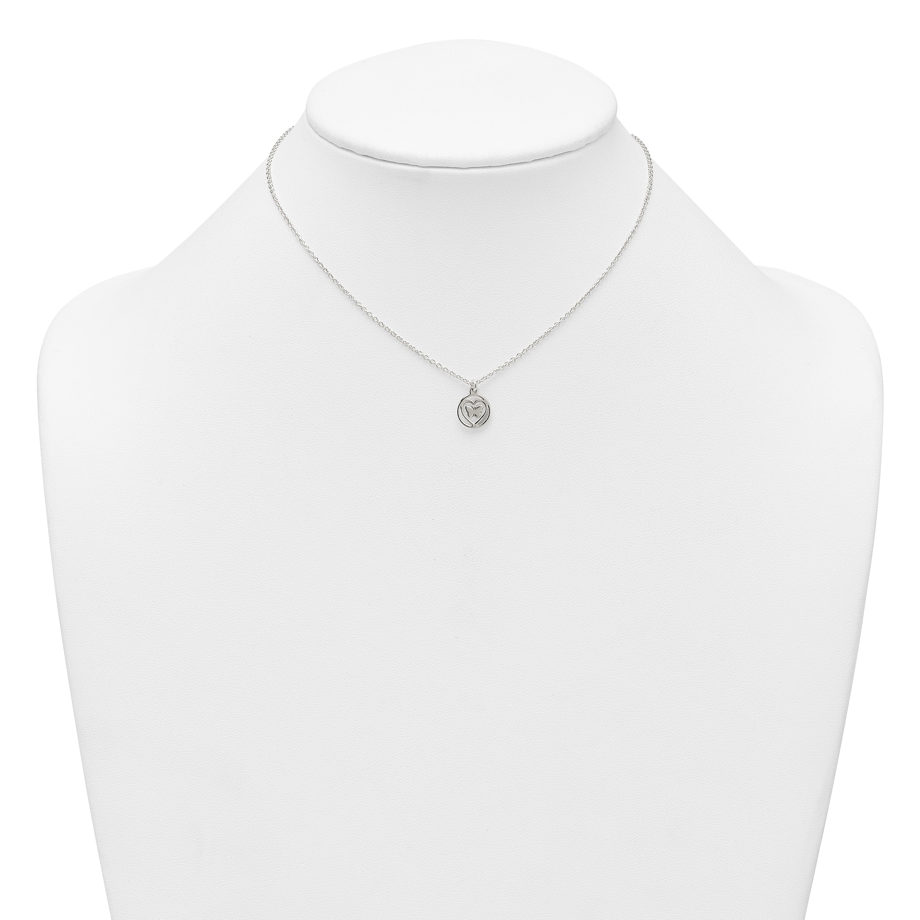 Sterling Silver Polished and Textured Butterfly in Heart Childrens 14 inch Necklace and Post Earrings Set