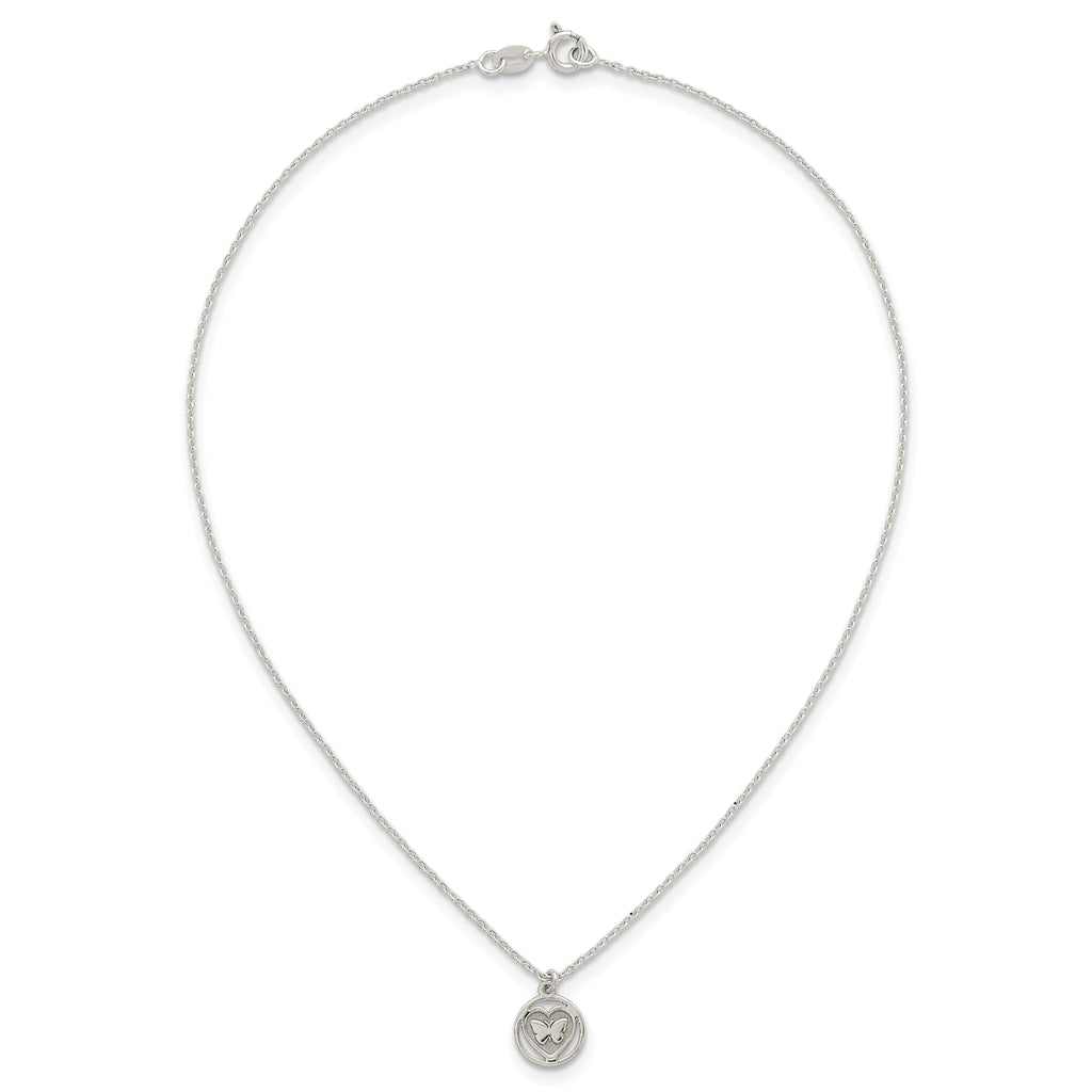 Sterling Silver Polished and Textured Butterfly in Heart Childrens 14 inch Necklace and Post Earrings Set