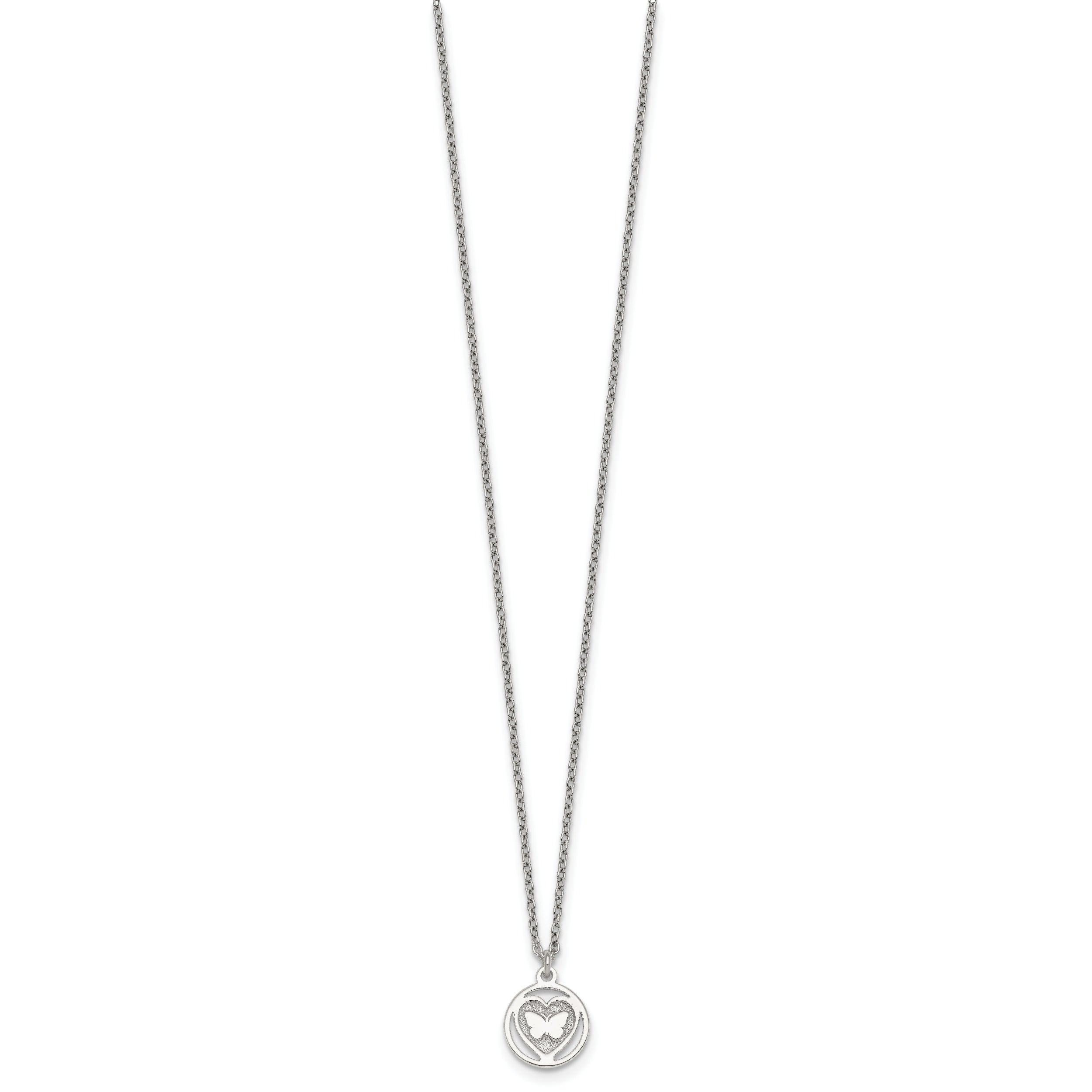 Sterling Silver Polished and Textured Butterfly in Heart Childrens 14 inch Necklace and Post Earrings Set