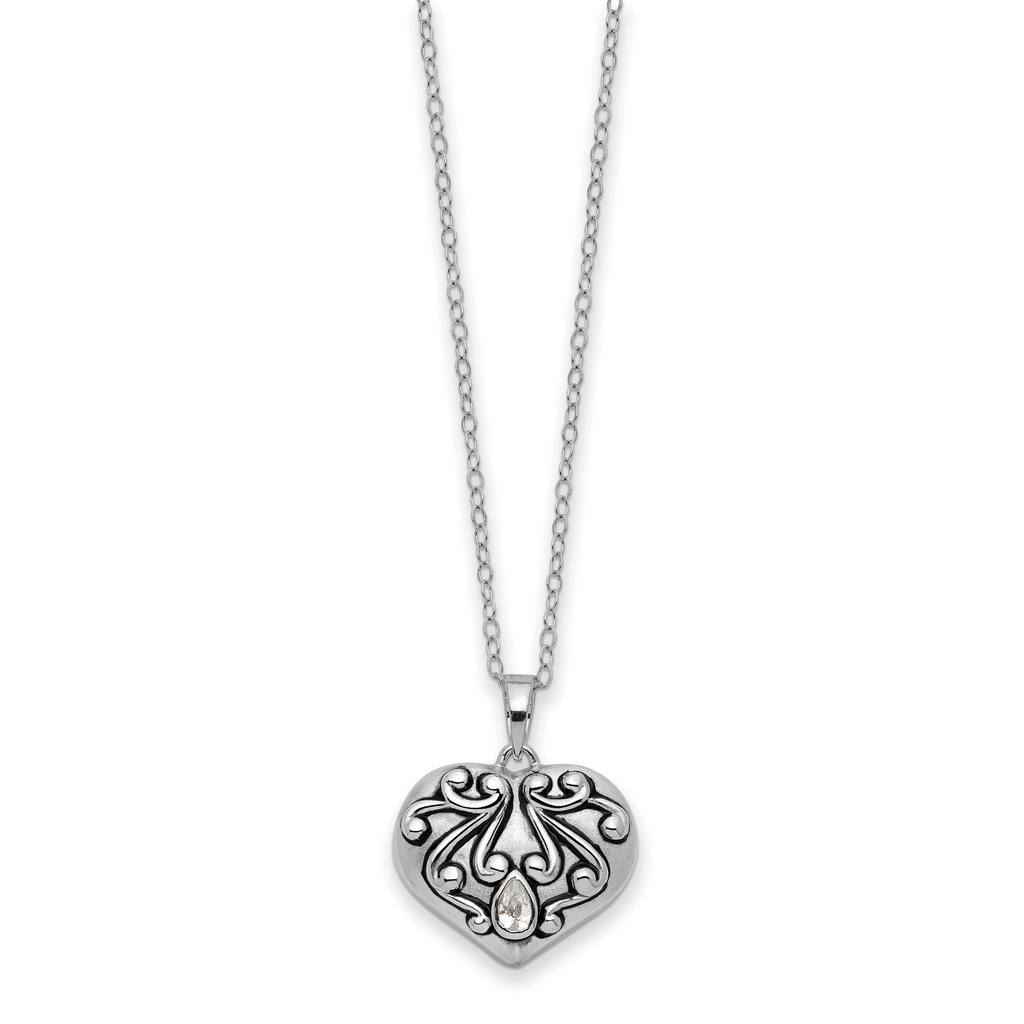 Sentimental Expressions Sterling Silver Rhodium-plated Antiqued CZ Heart Remembrance Ash Holder 18 Inch Necklace