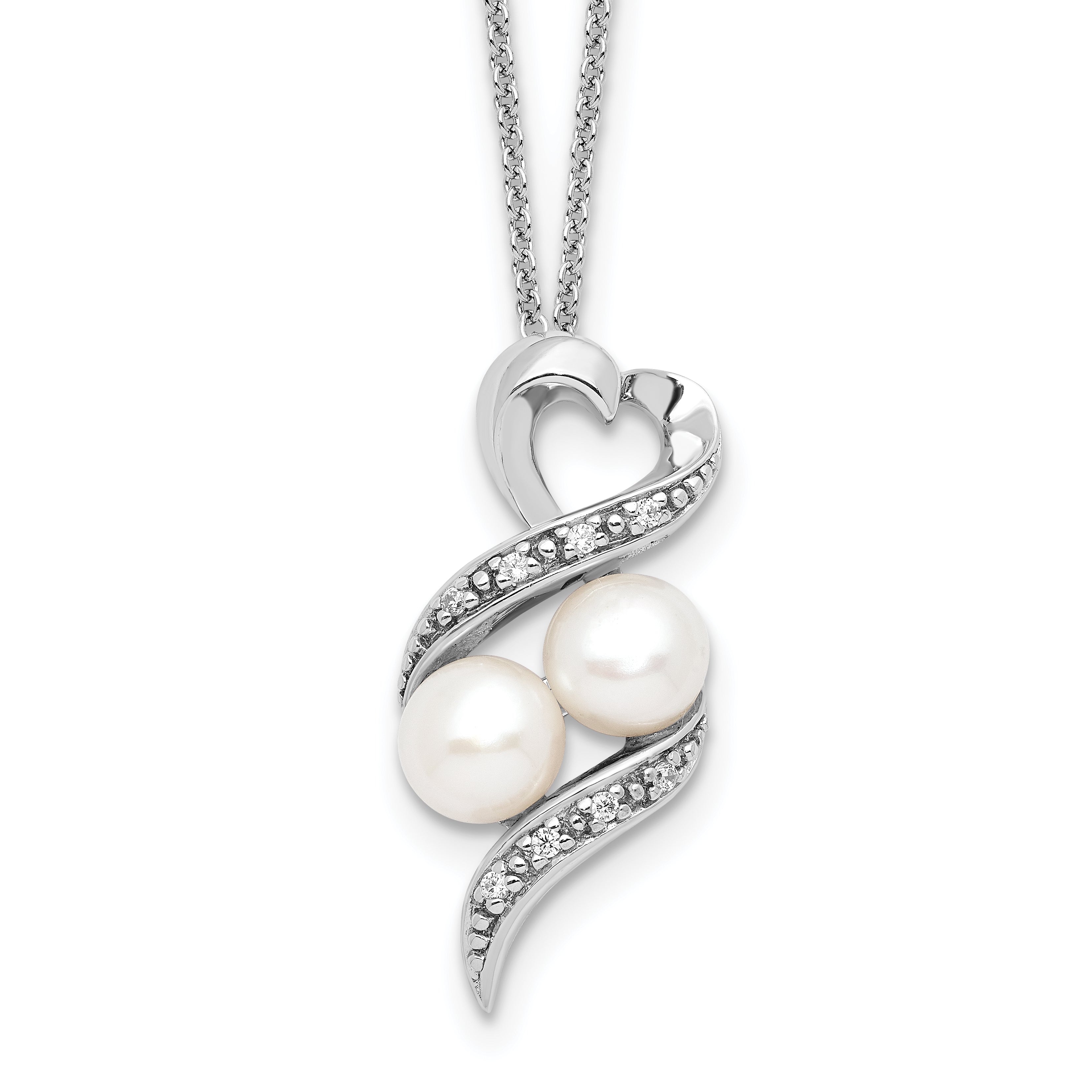 Sentimental Expressions Sterling Silver Rhodium-plated FWC Pearl CZ 2 P's in a Pod Motherhood Friendship 18in Necklace Main image