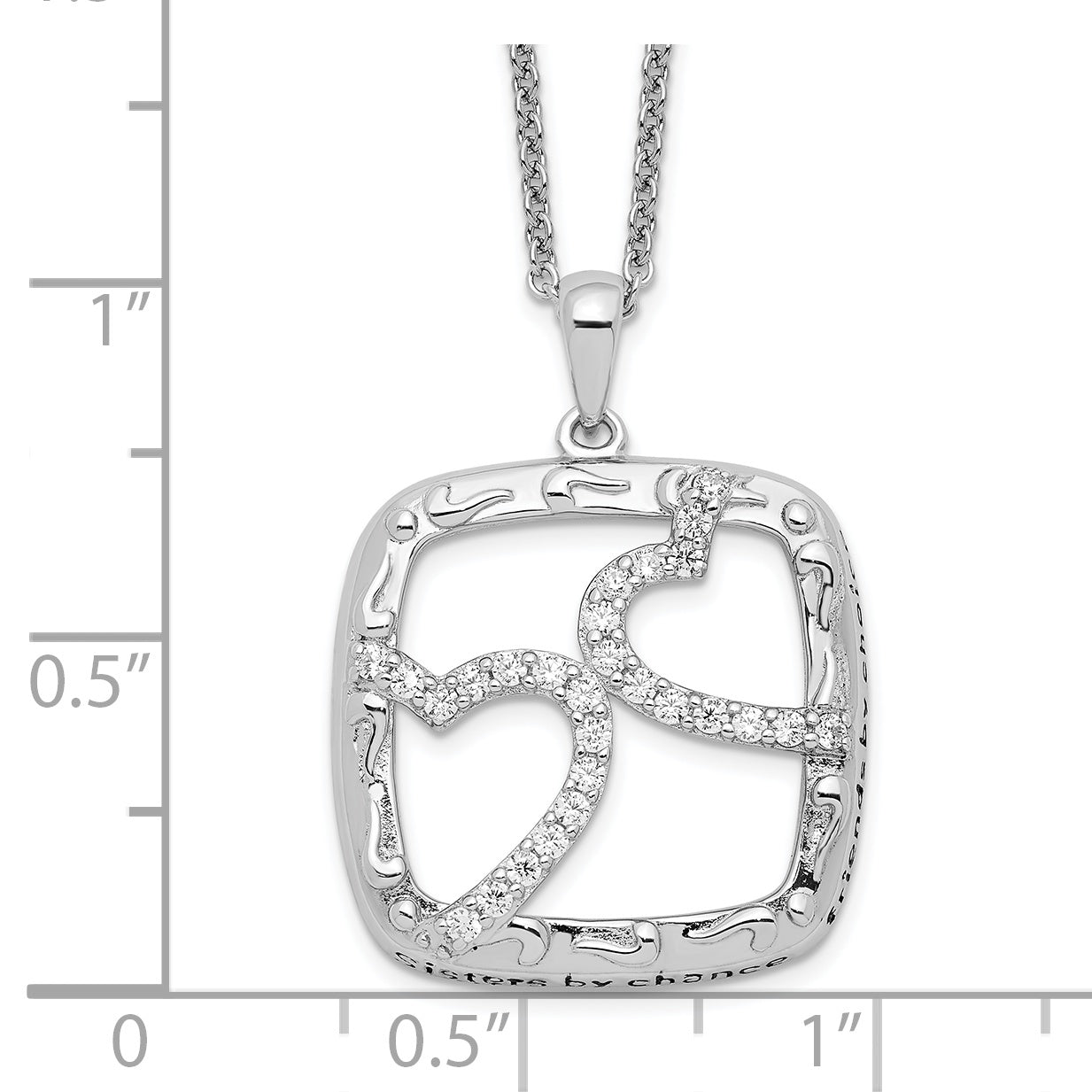 Sentimental Expressions Sterling Silver Rhodium-plated Antiqued CZ Sisters By Chance 18in Hearts Necklace