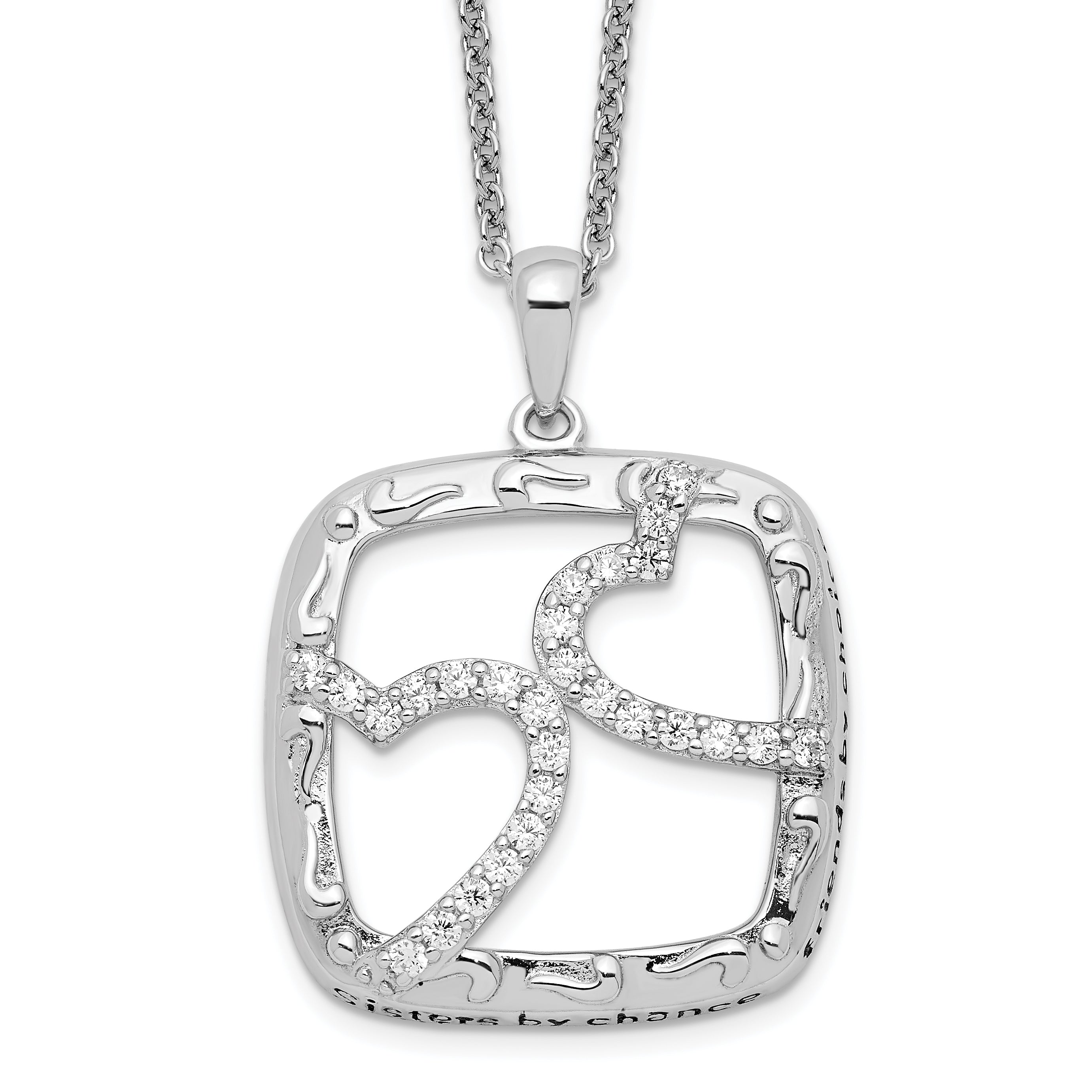 Sentimental Expressions Sterling Silver Rhodium-plated Antiqued CZ Sisters By Chance 18in Hearts Necklace Main image