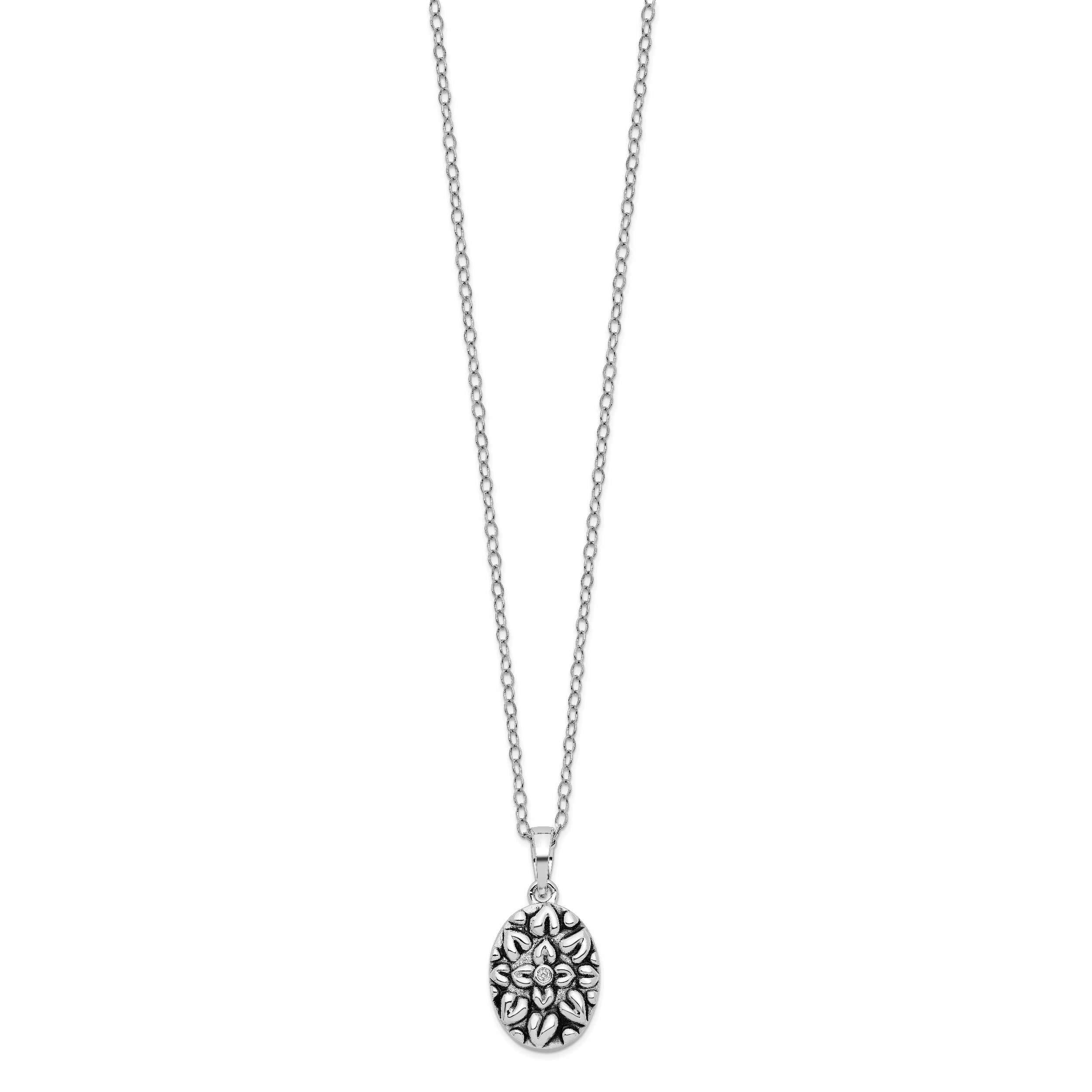 Sentimental Expressions Sterling Silver Rhodium-plated CZ Antiqued Flower Ash Holder 18 Inch Necklace