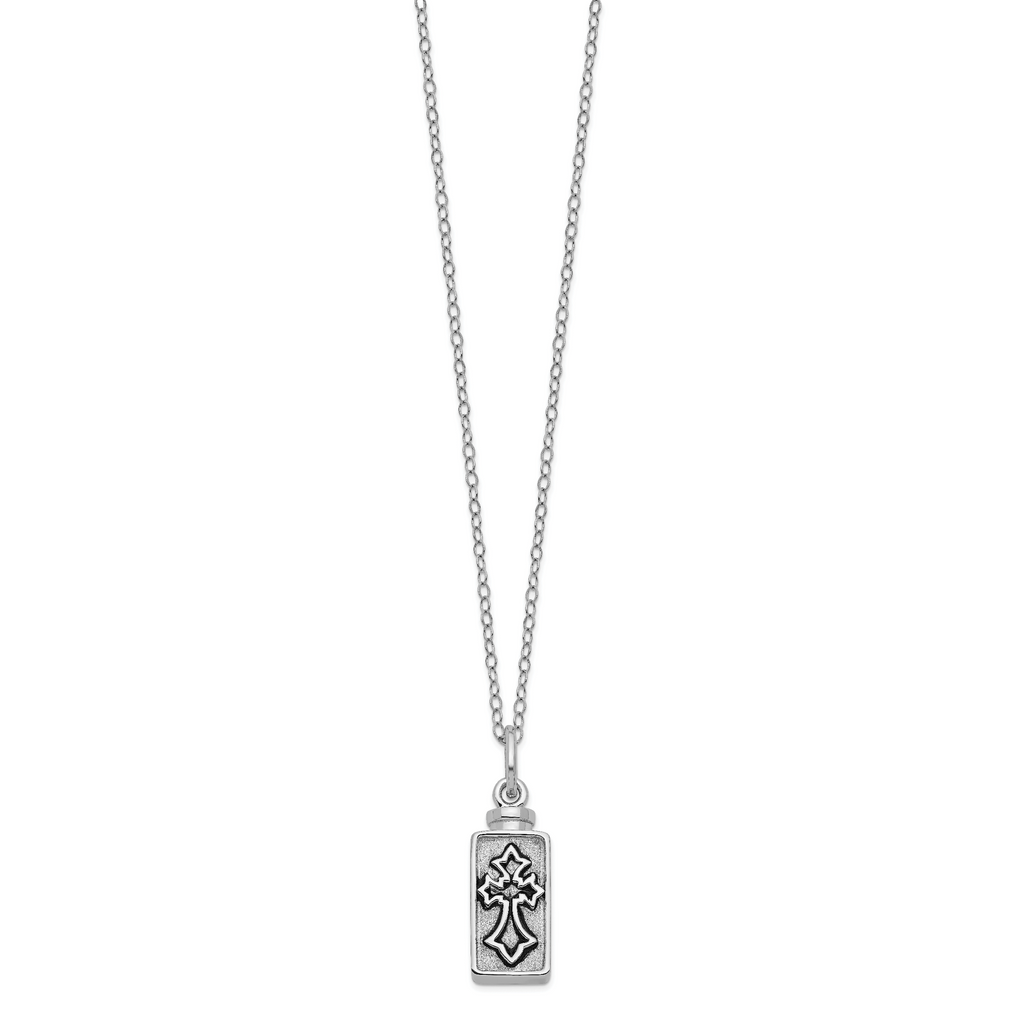 Sentimental Expressions Sterling Silver Rhodium-plated Antiqued Rectangle Box Cross Ash Holder 18 Inch Necklace
