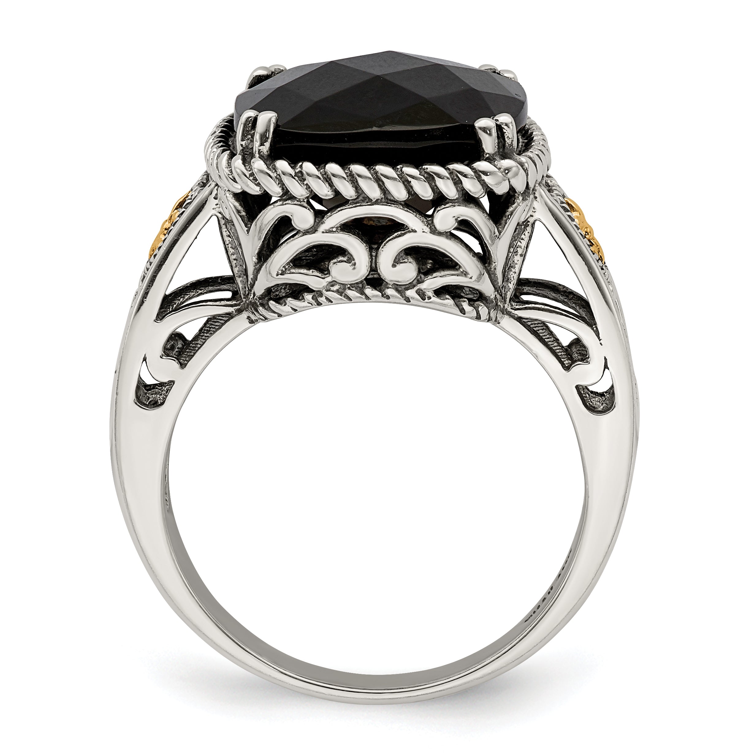 Shey Couture Sterling Silver with 14K Accent Antiqued Checkerboard-cut Black Onyx Ring Secondary image