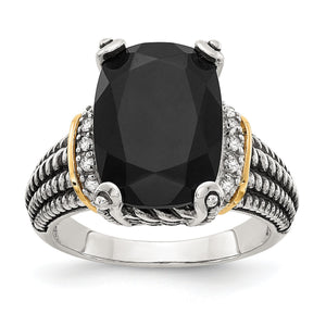 Shey Couture Sterling Silver with 14K Accent Antiqued Black Onyx and White Diamond Ring, Size 6–8 - Sophia Jewelers