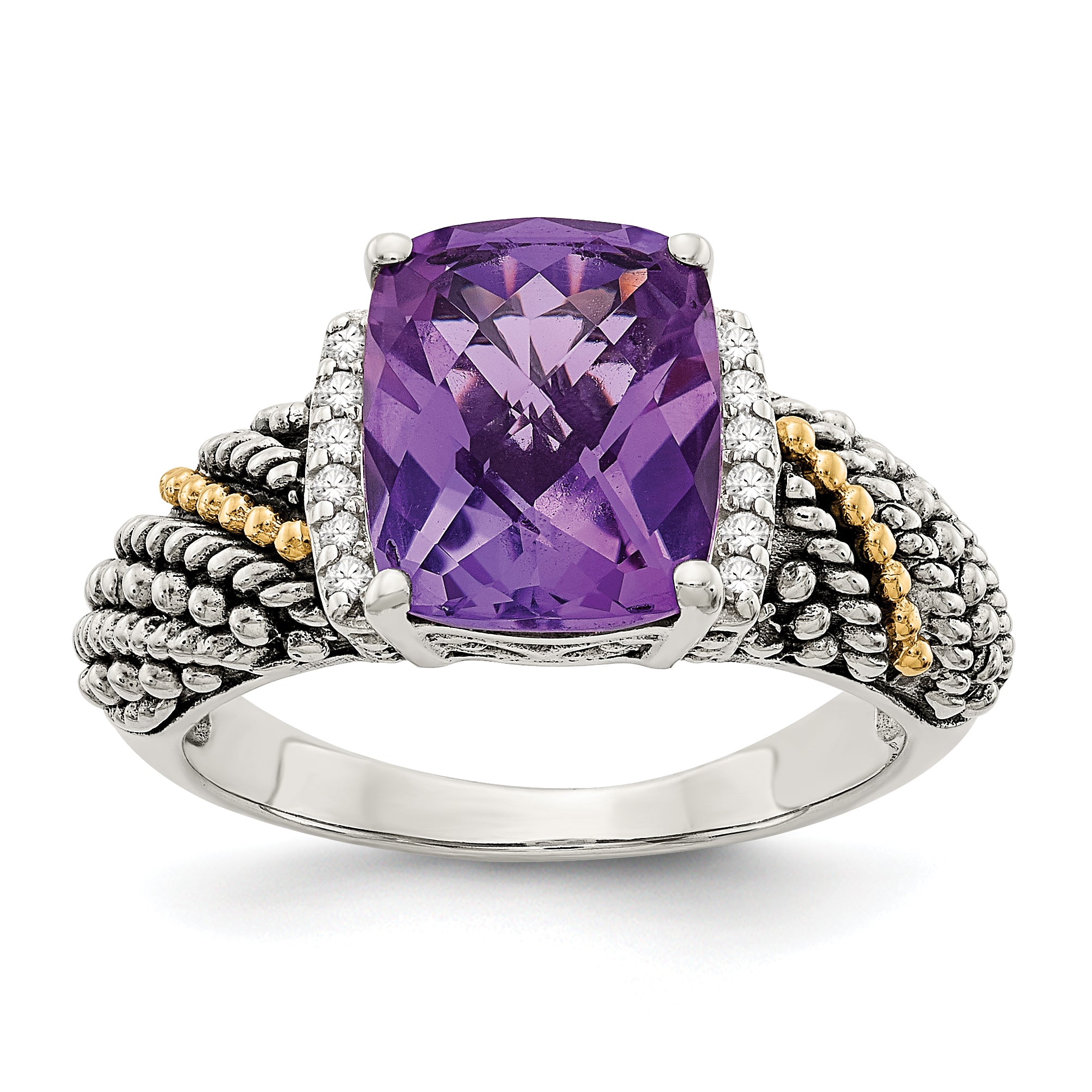 Shey Couture Sterling Silver with 14K Accent Antiqued Diamond and Cushion Amethyst Ring Main image