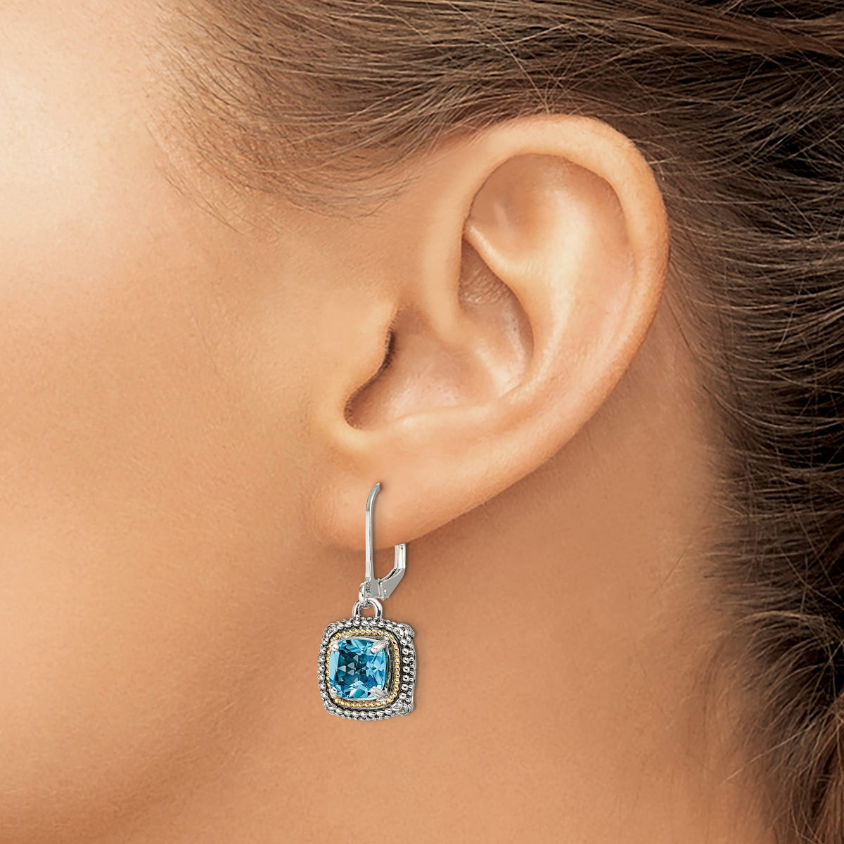 Cushion Swiss Blue Topaz Dangle Leverback Earrings in Sterling Silver - Sophia Jewelers