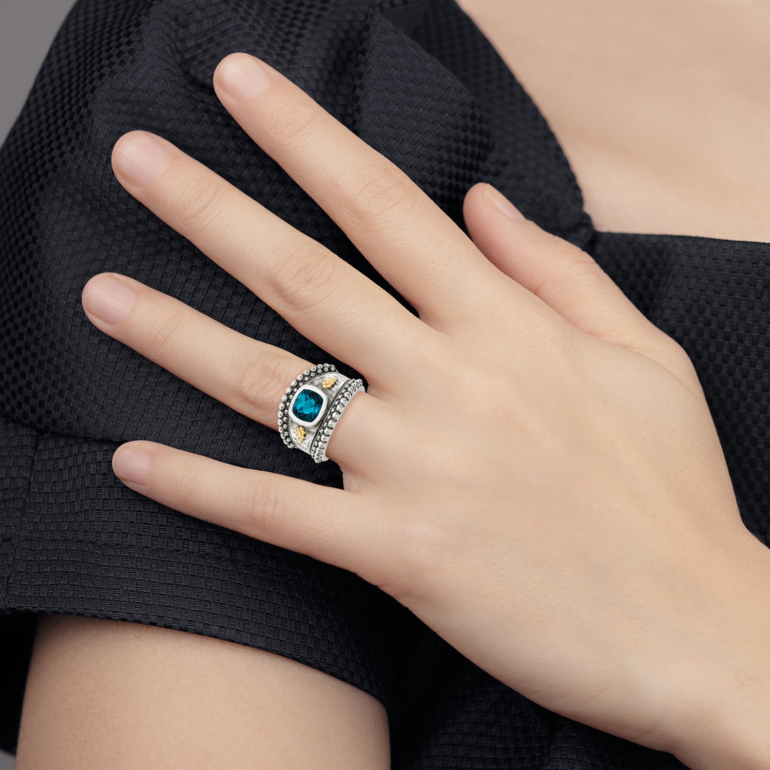 Shey Couture Sterling Silver with 14K Accent Antiqued Checkerboard Cushion London Blue Topaz Ring