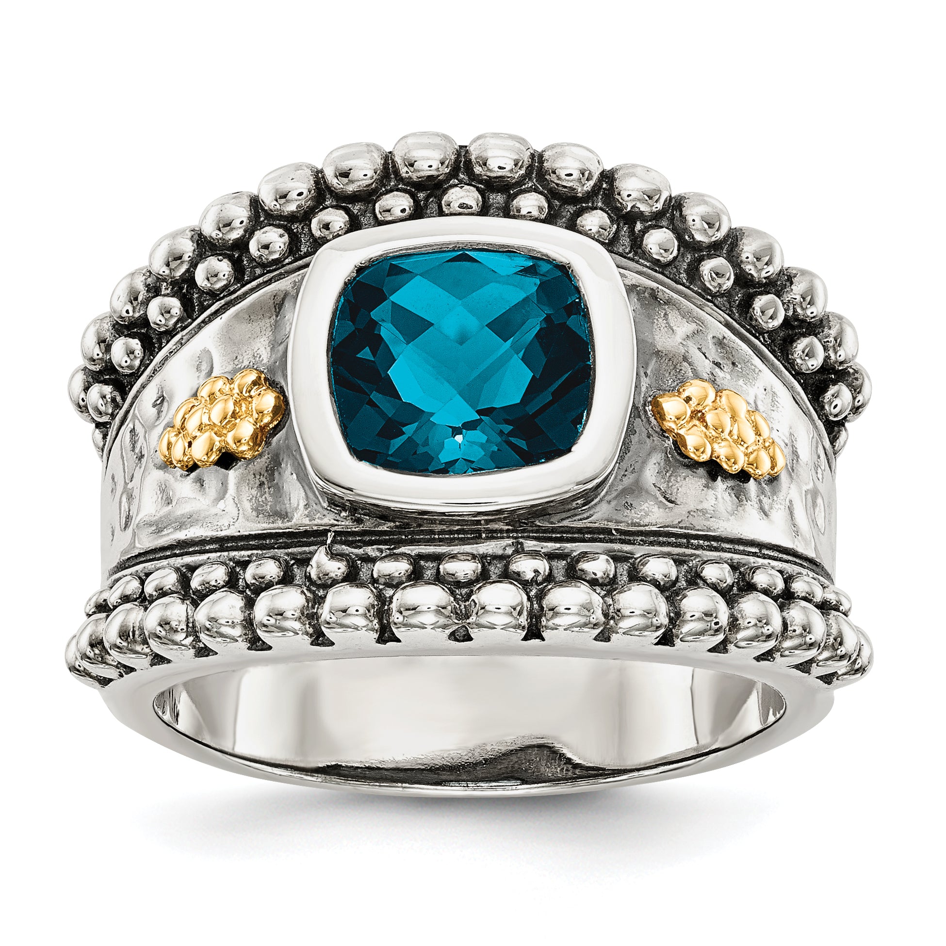 Shey Couture Sterling Silver with 14K Accent Antiqued Checkerboard Cushion London Blue Topaz Ring Main image