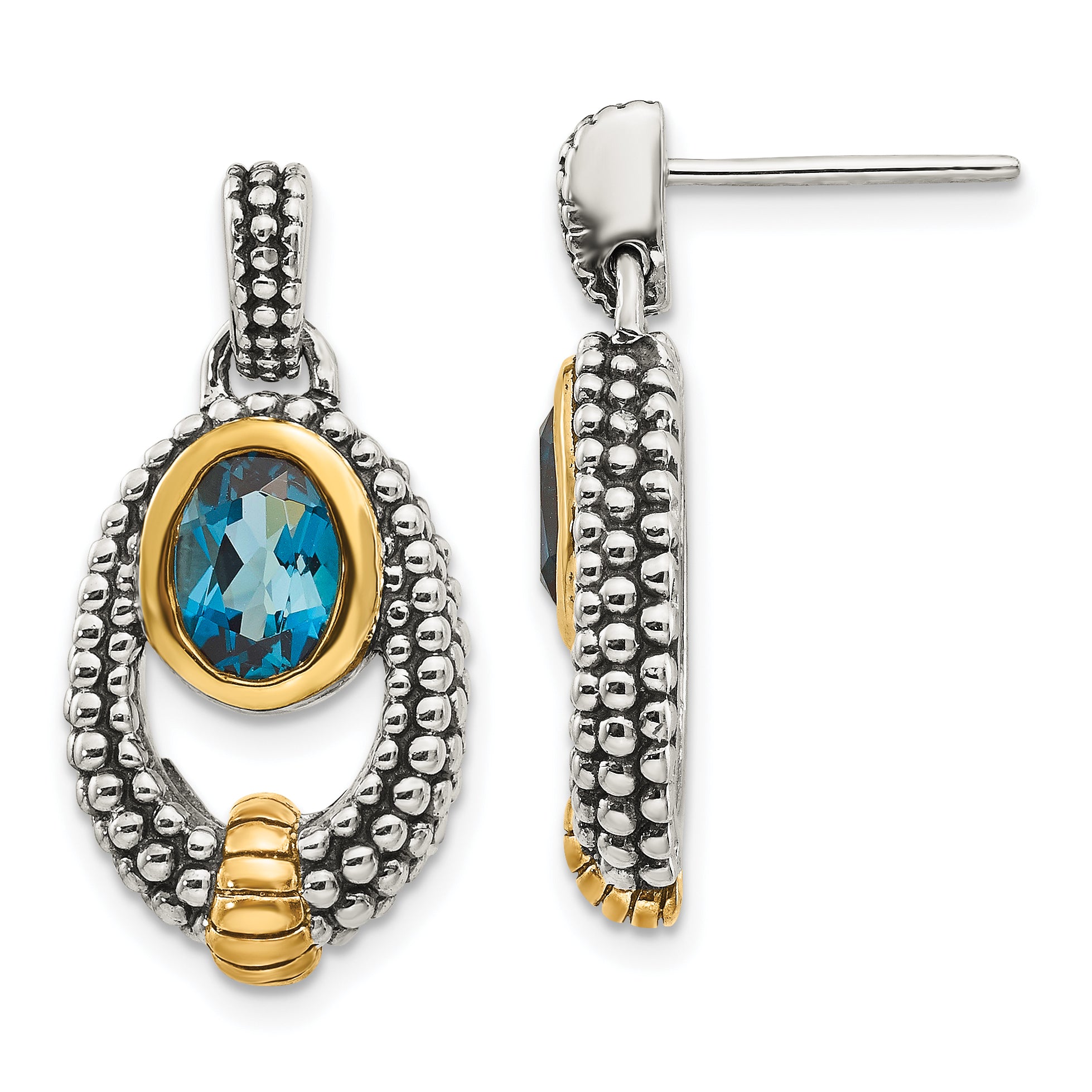 Shey Couture Sterling Silver Gold-tone Flash Gold-plated Antiqued Oval Bezel London Blue Topaz Post Dangle Earrings Main image