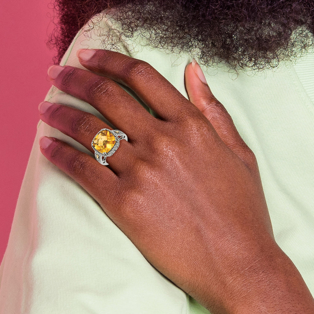Shey Couture Sterling Silver with 14K Accent Antiqued Cushion Citrine Ring