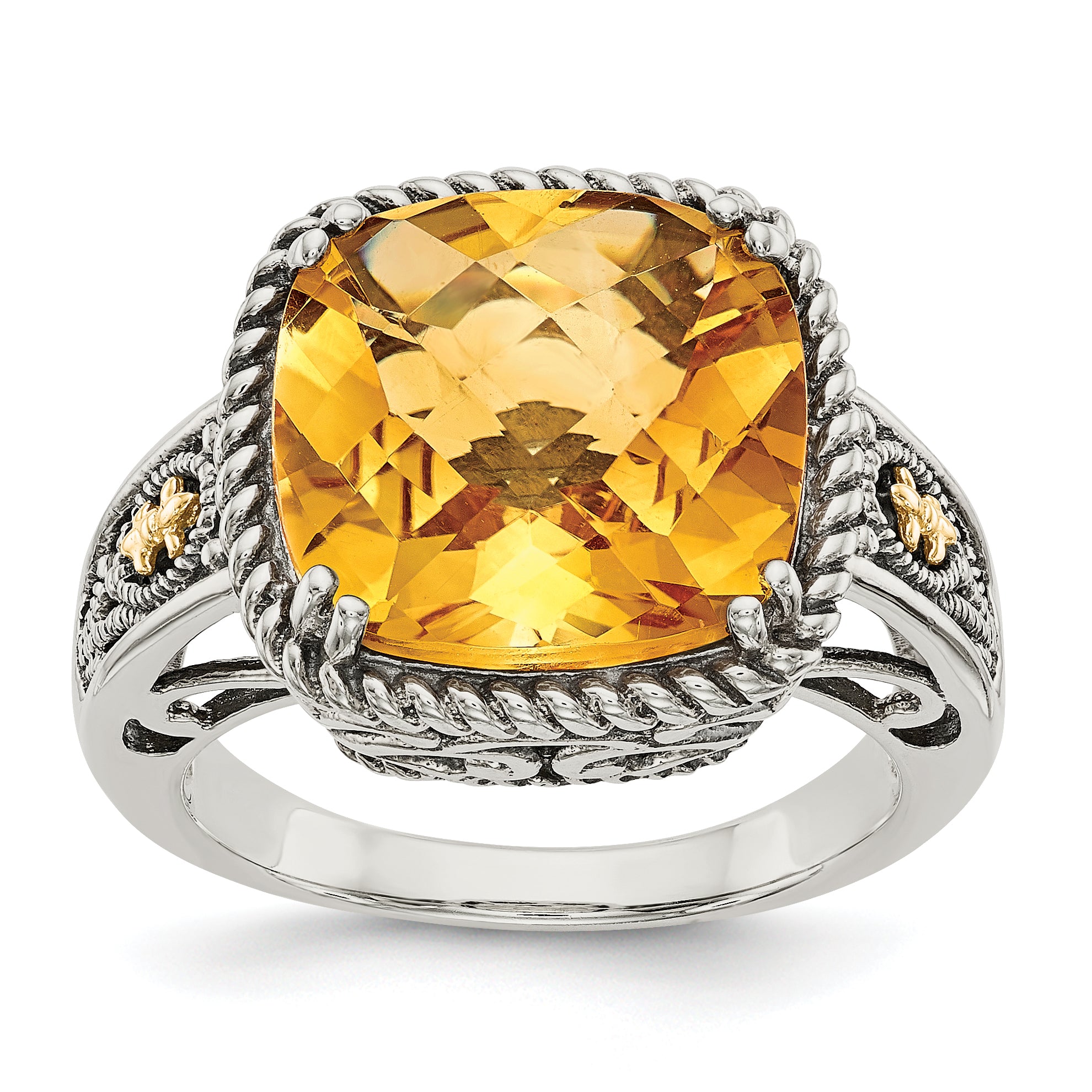 Shey Couture Sterling Silver with 14K Accent Antiqued Cushion Citrine Ring Main image