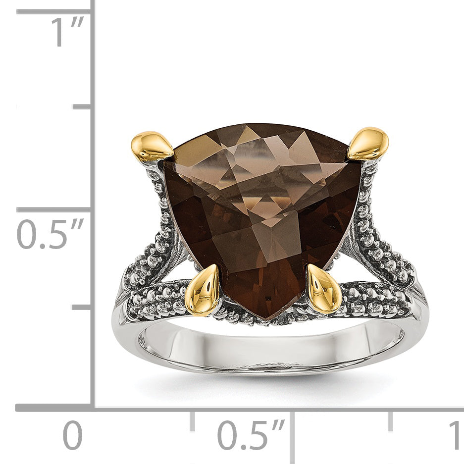 Shey Couture Sterling Silver with 14K Accent Antiqued Trillion Checkerboard Smoky Quartz Ring