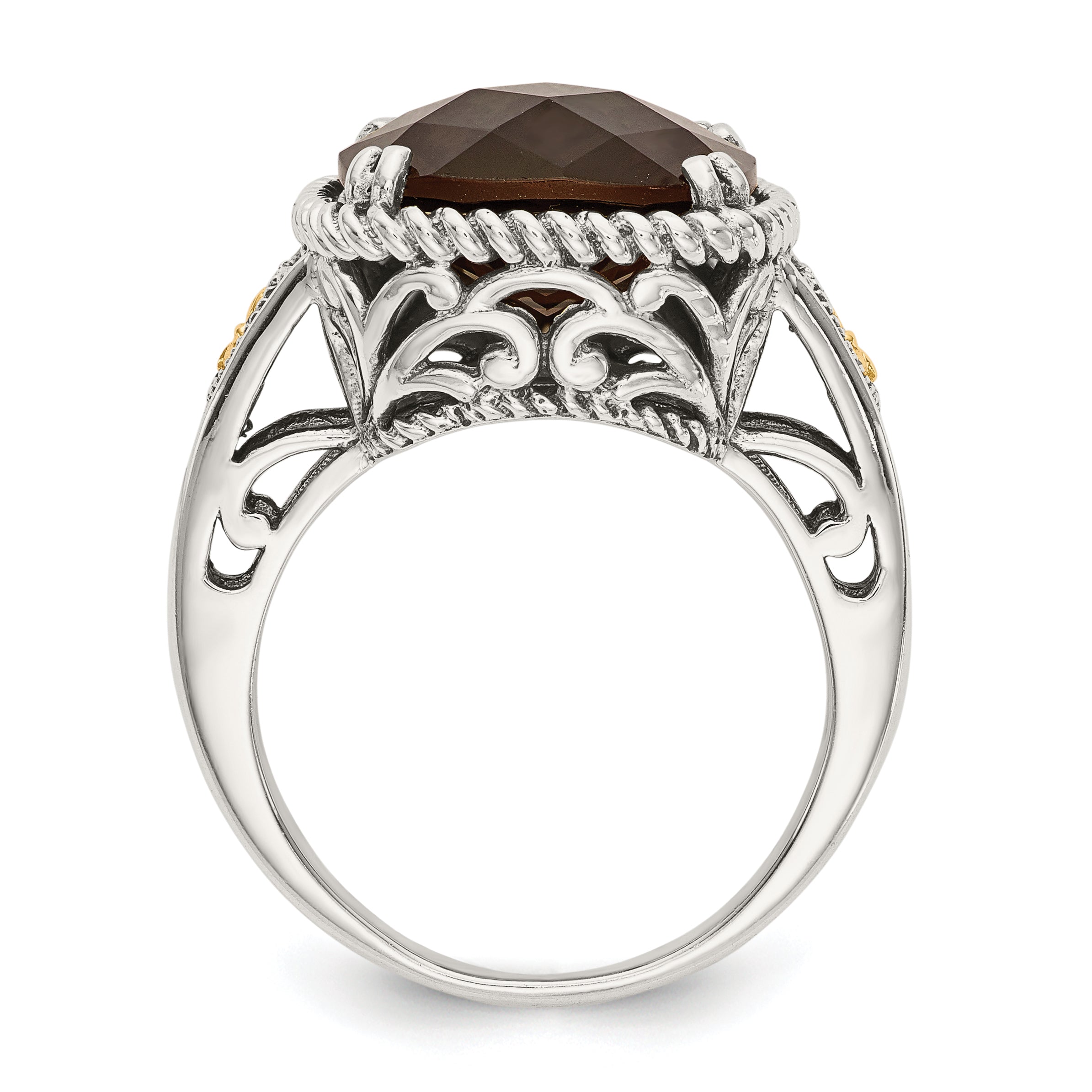 Shey Couture Sterling Silver with 14K Accent Antiqued Cushion Checkerboard Smoky Quartz Ring Secondary image