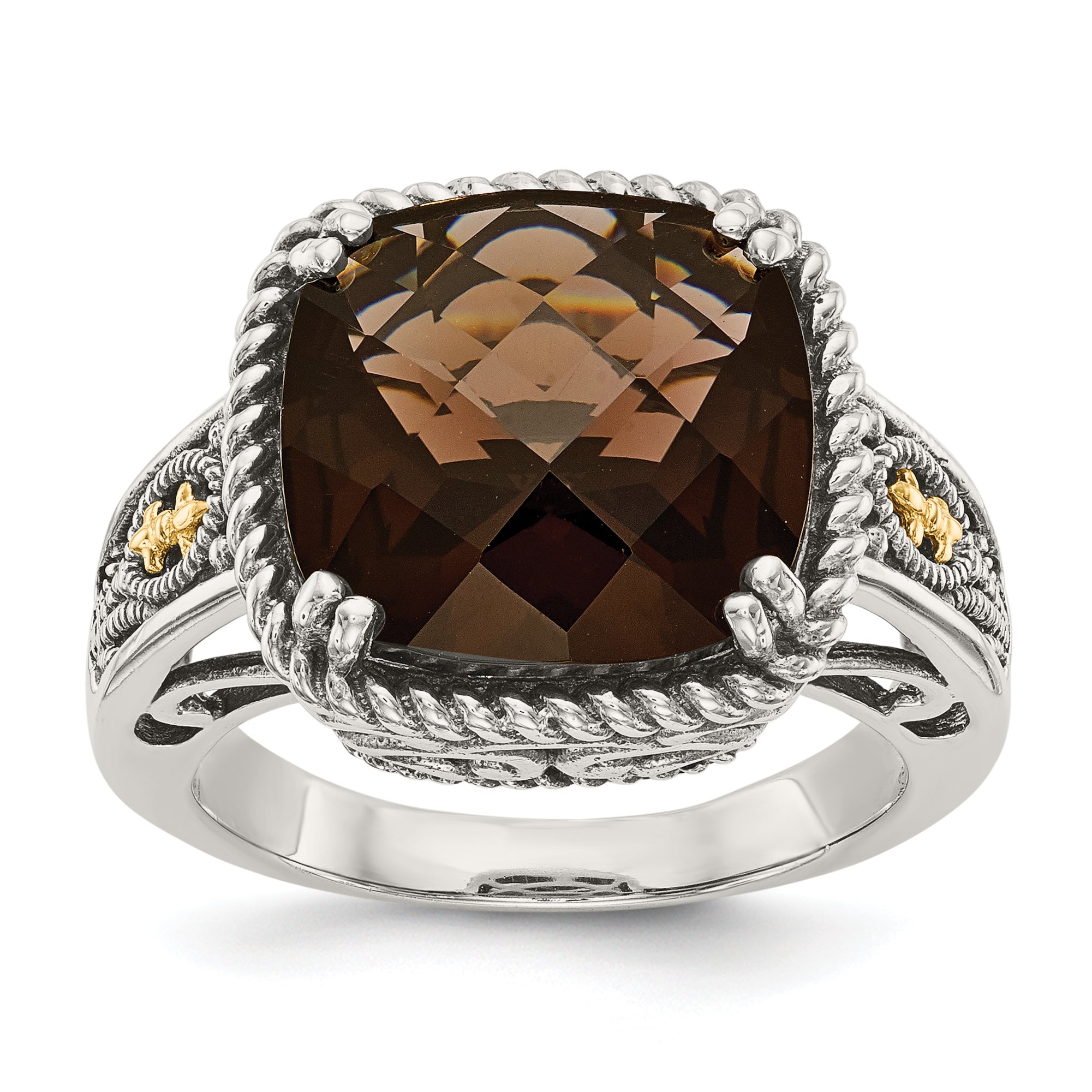 Shey Couture Sterling Silver with 14K Accent Antiqued Cushion Checkerboard Smoky Quartz Ring Main image